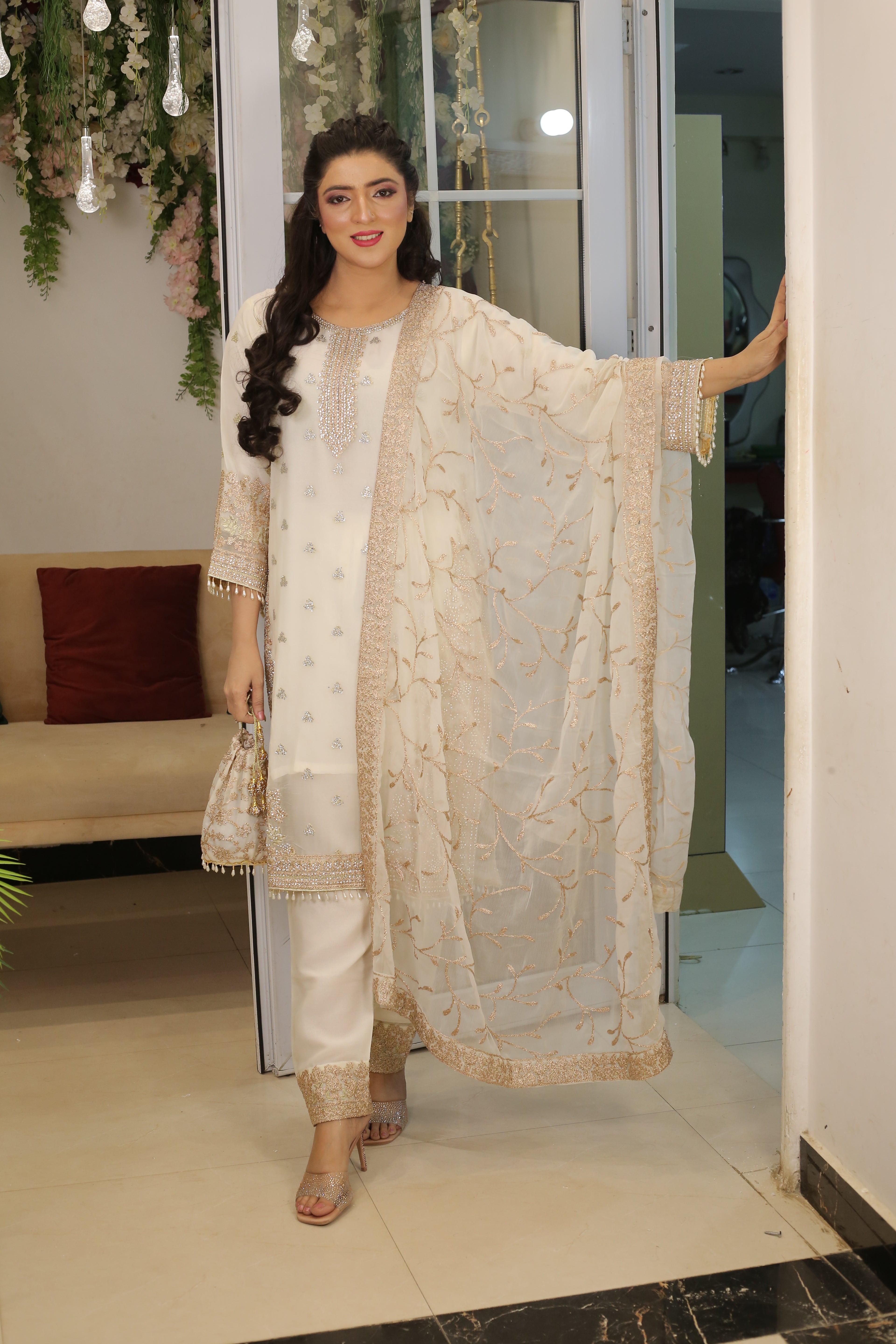 Luxury 3PC Long Shirt Suit Intricate DMC Stone Work Designer Set