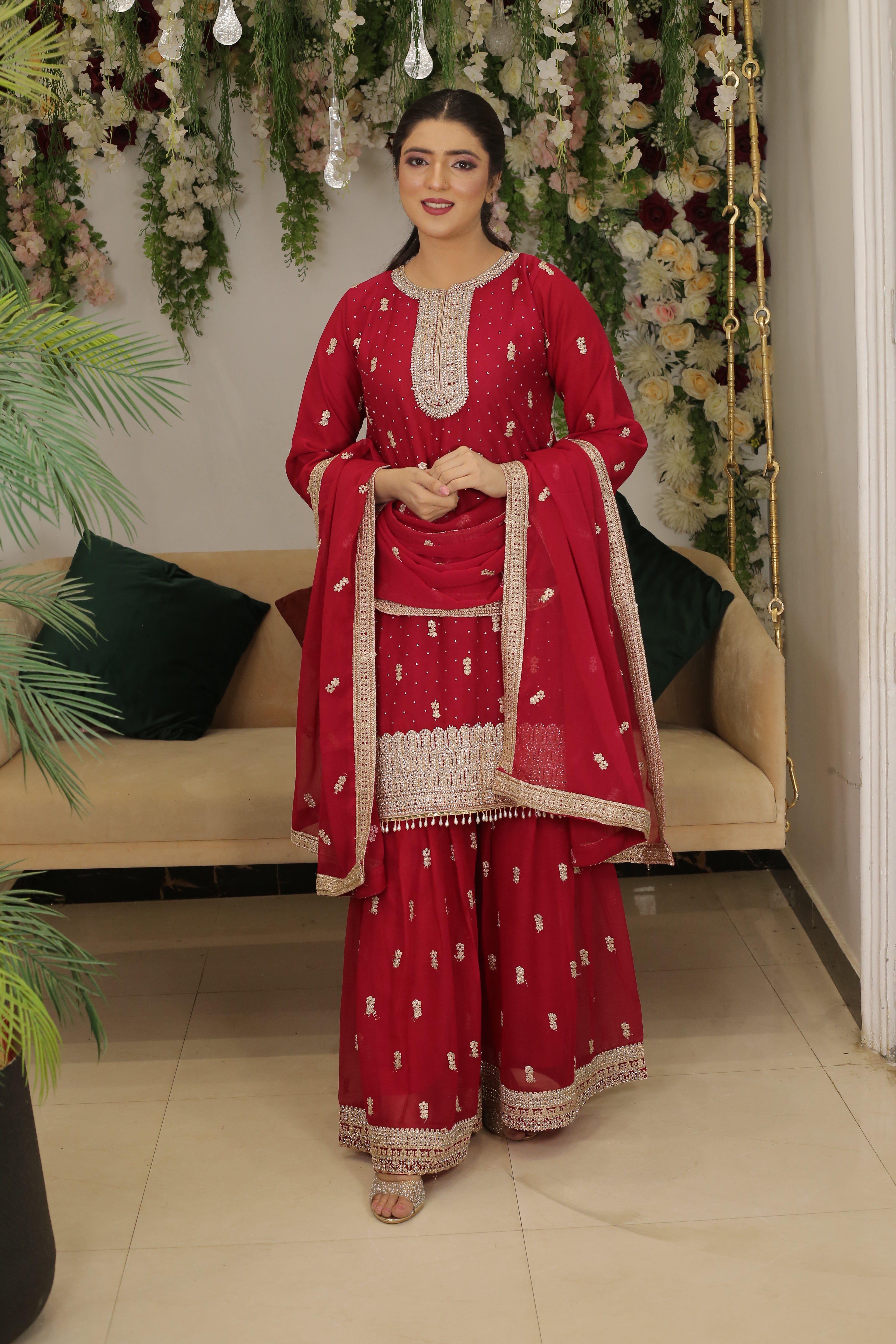 3PC DMC Stone Work Gharara Suit | Heavy Designer Wedding Wear