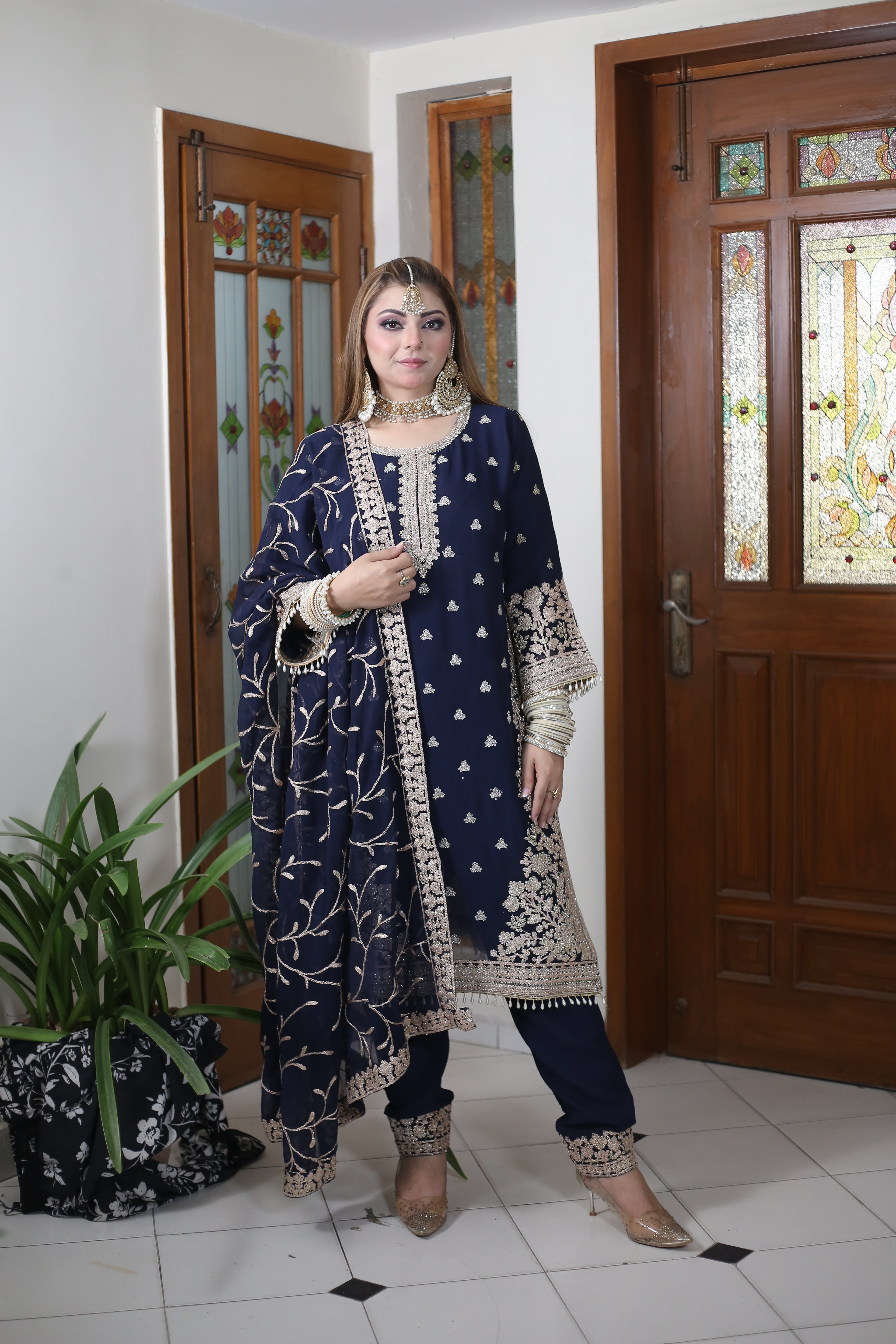 Luxury 3PC Long Shirt Suit Intricate DMC Stone Work Designer Set