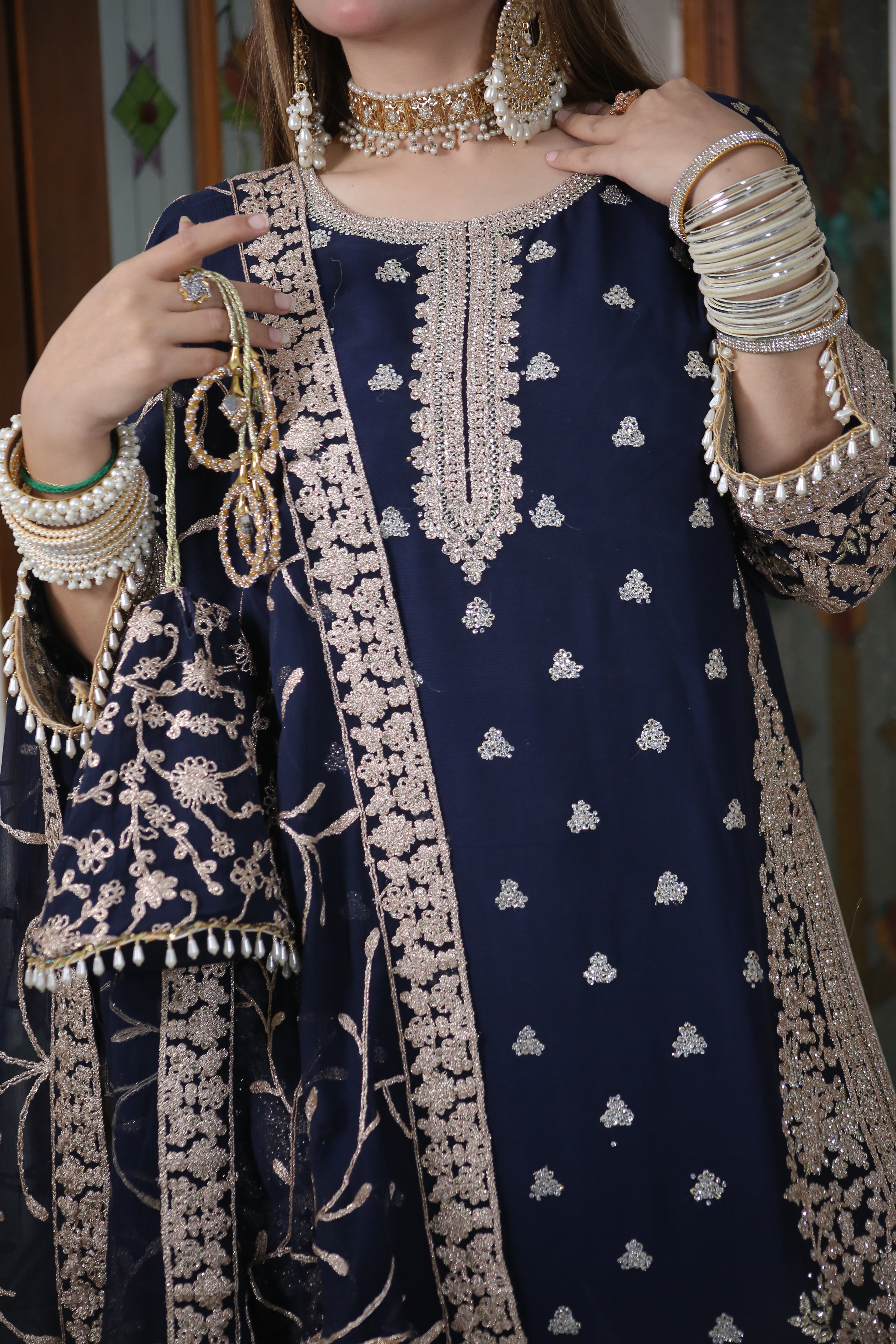 Luxury 3PC Long Shirt Suit Intricate DMC Stone Work Designer Set