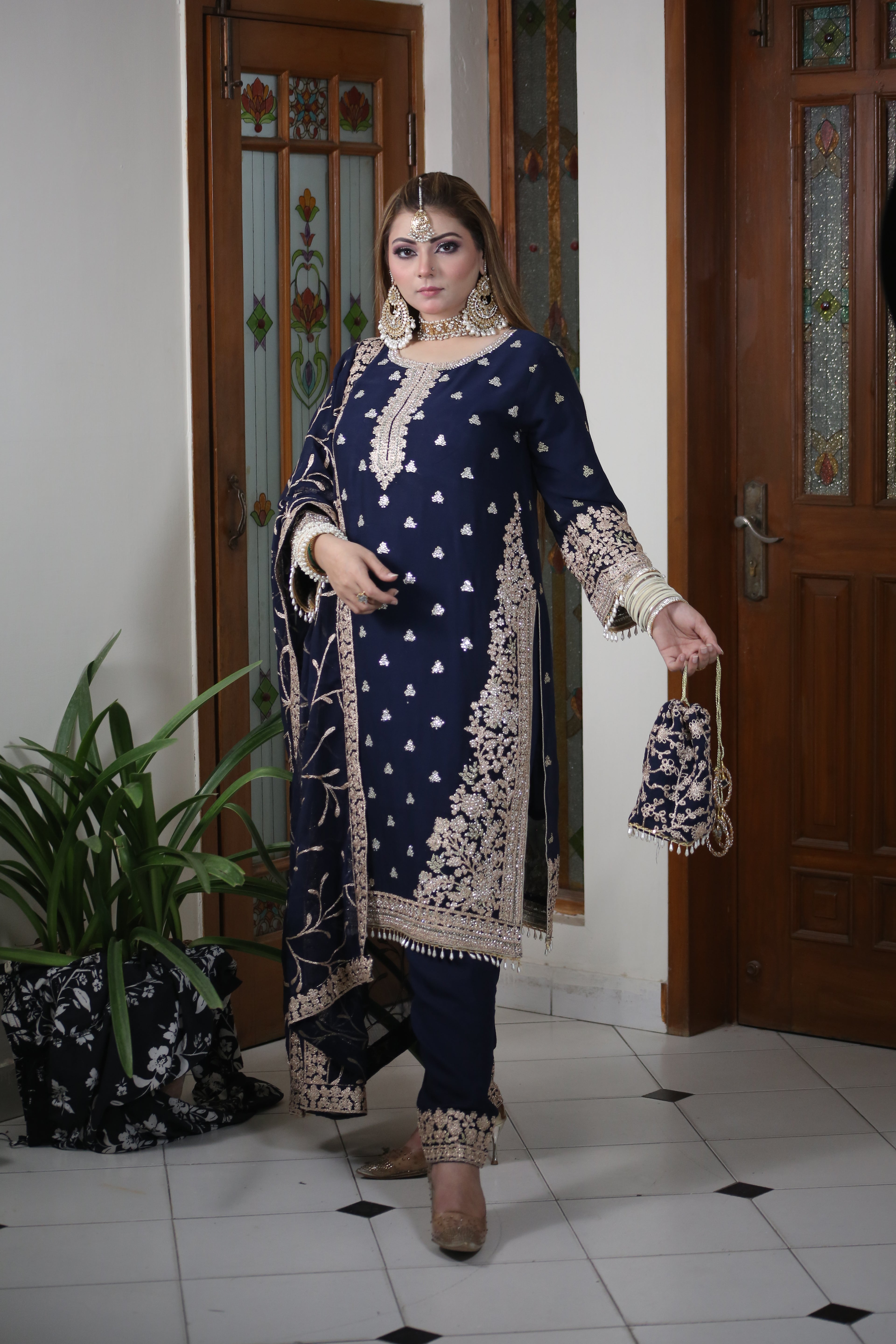 Luxury 3PC Long Shirt Suit Intricate DMC Stone Work Designer Set