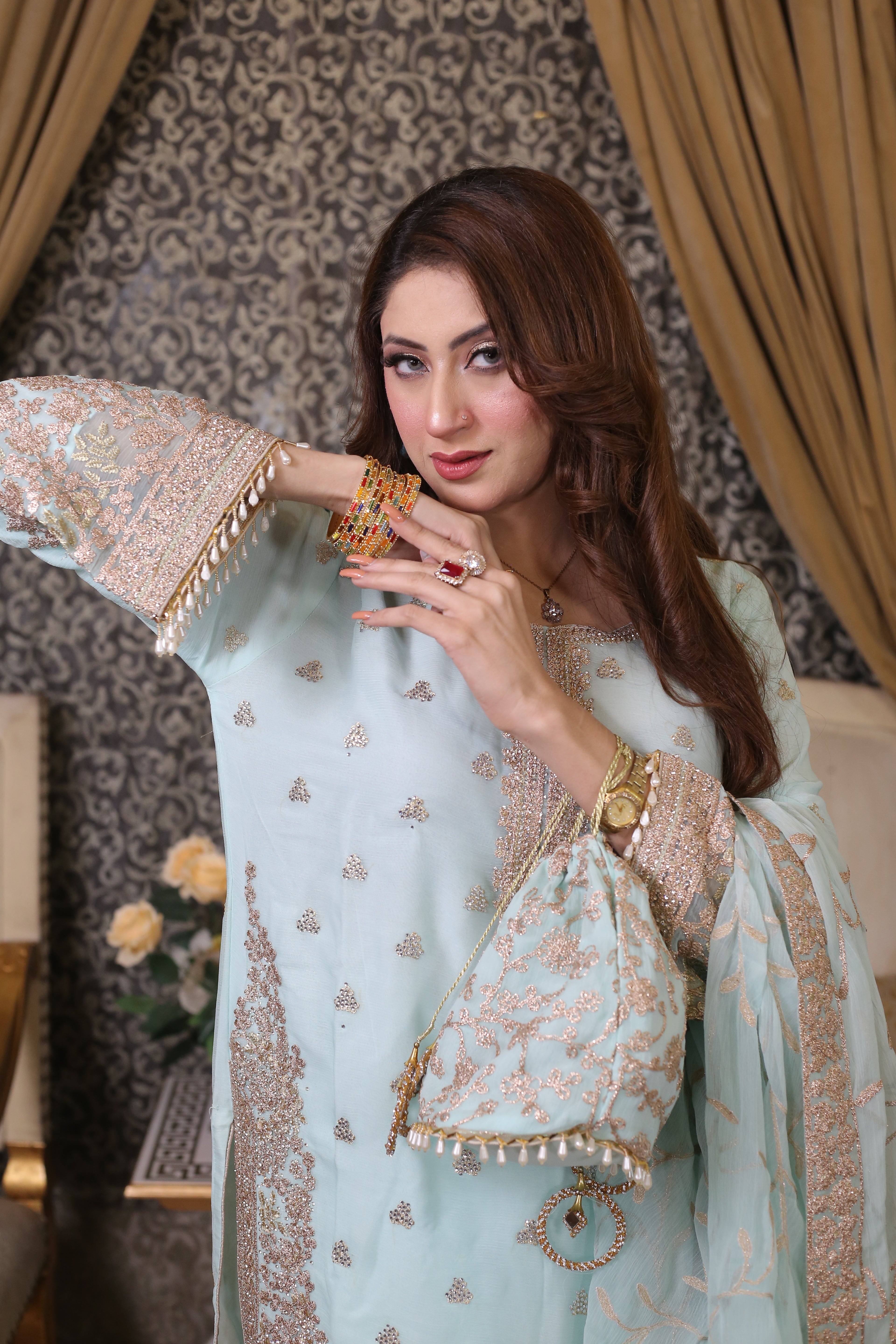 Luxury 3PC Long Shirt Suit Intricate DMC Stone Work Designer Set