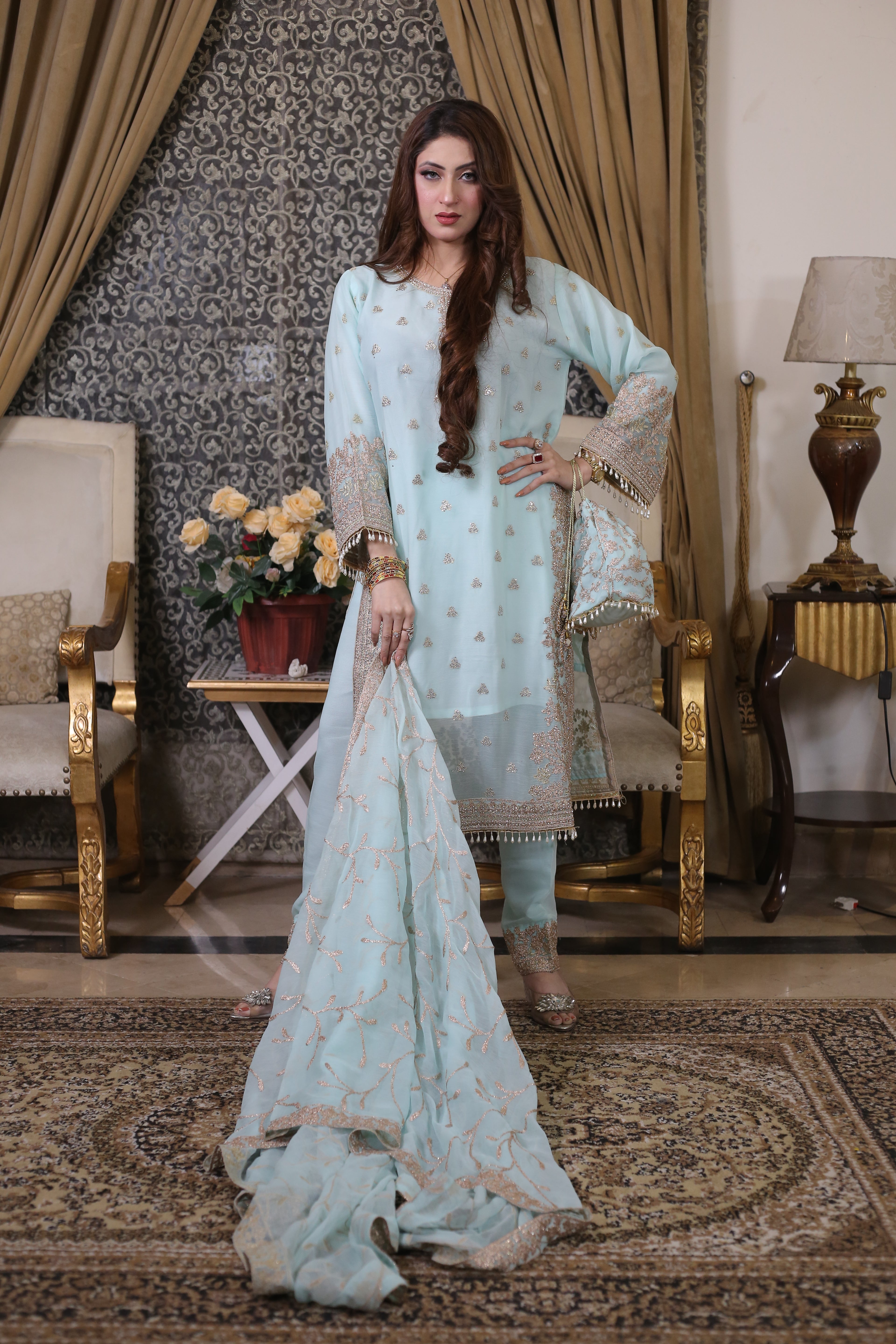 Luxury 3PC Long Shirt Suit Intricate DMC Stone Work Designer Set