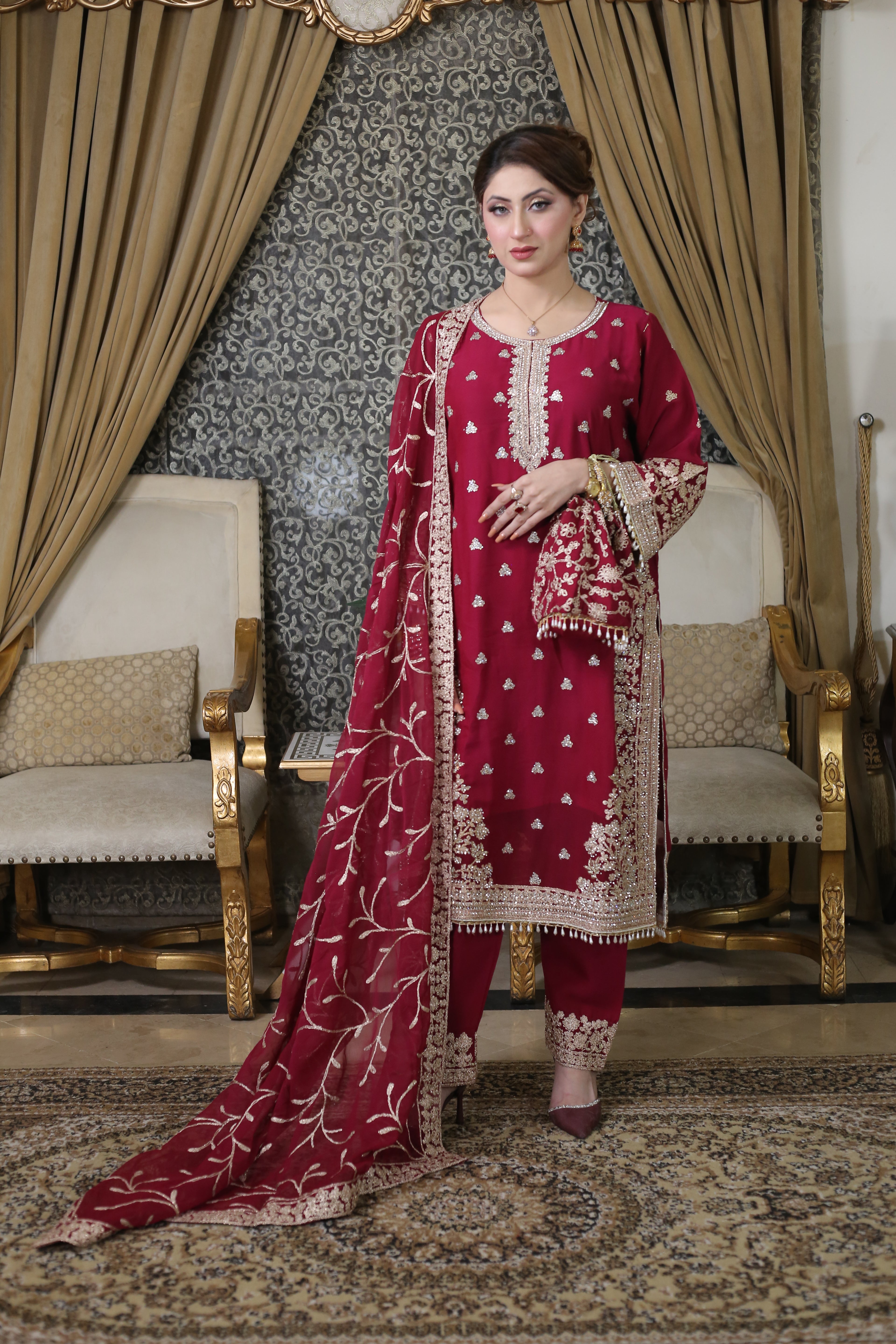 Luxury 3PC Long Shirt Suit Intricate DMC Stone Work Designer Set