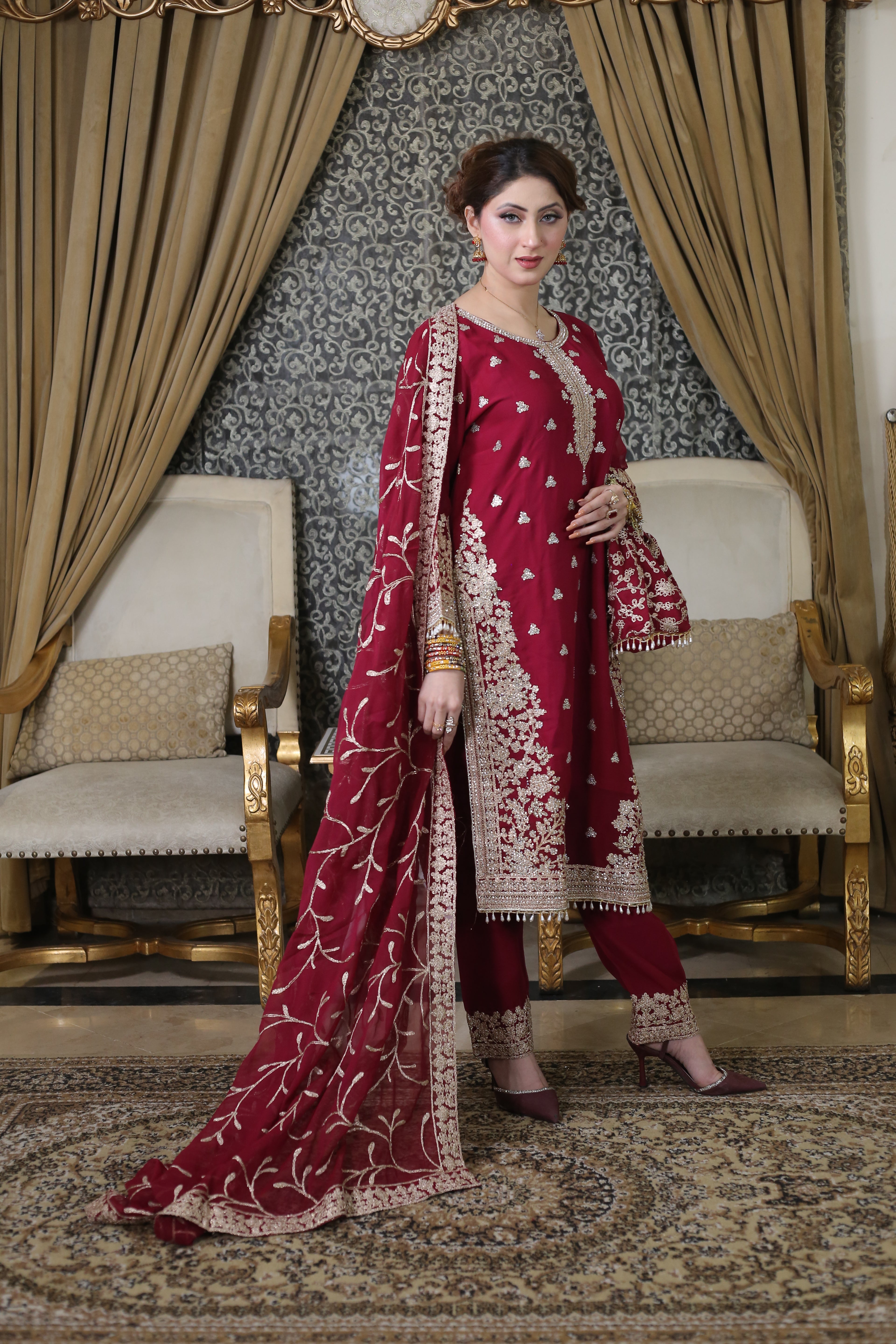 Luxury 3PC Long Shirt Suit Intricate DMC Stone Work Designer Set