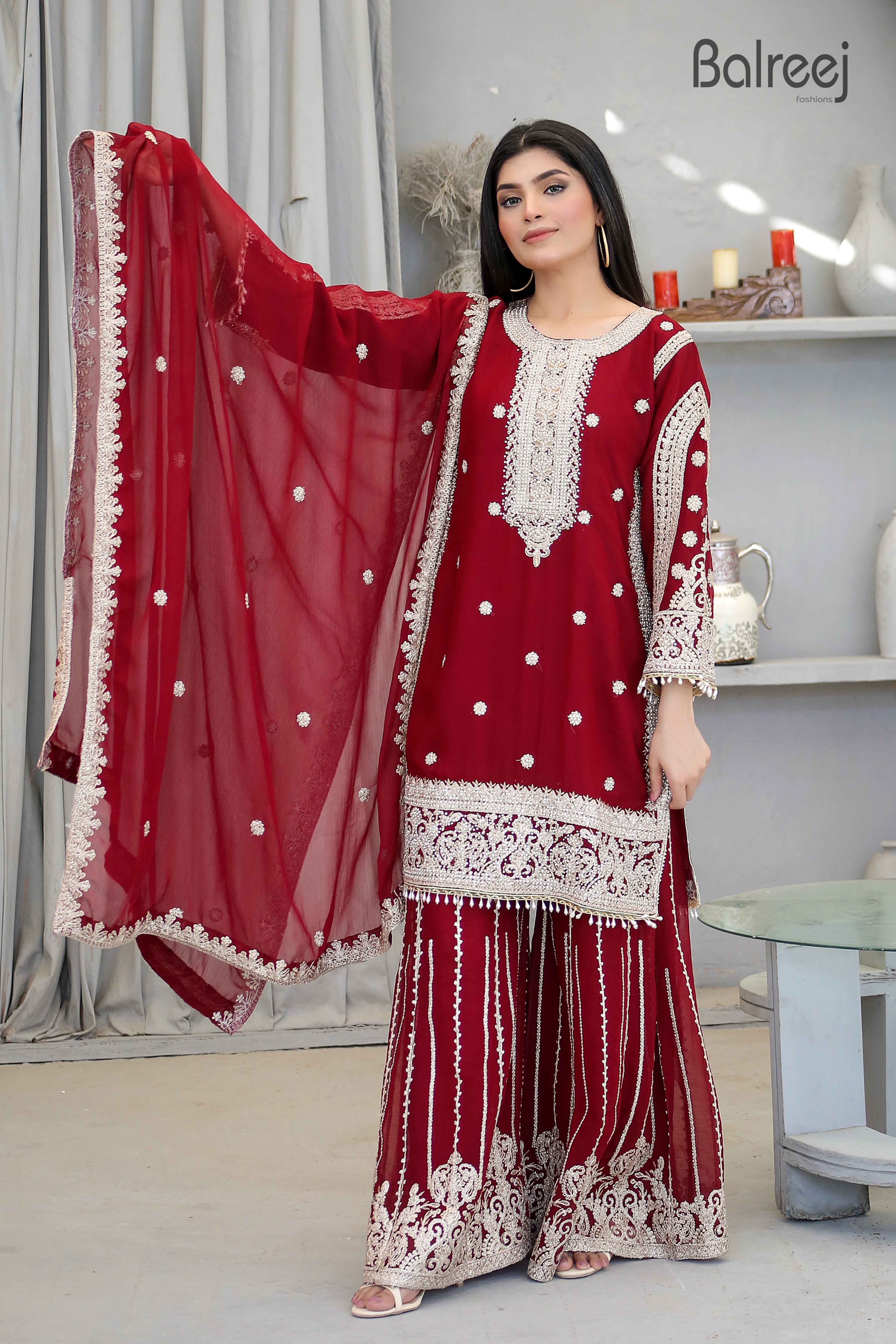 Exquisite 3-Piece Festive Ensemble – Intricate Dori Embroidery with Premium DMC Stone Accents