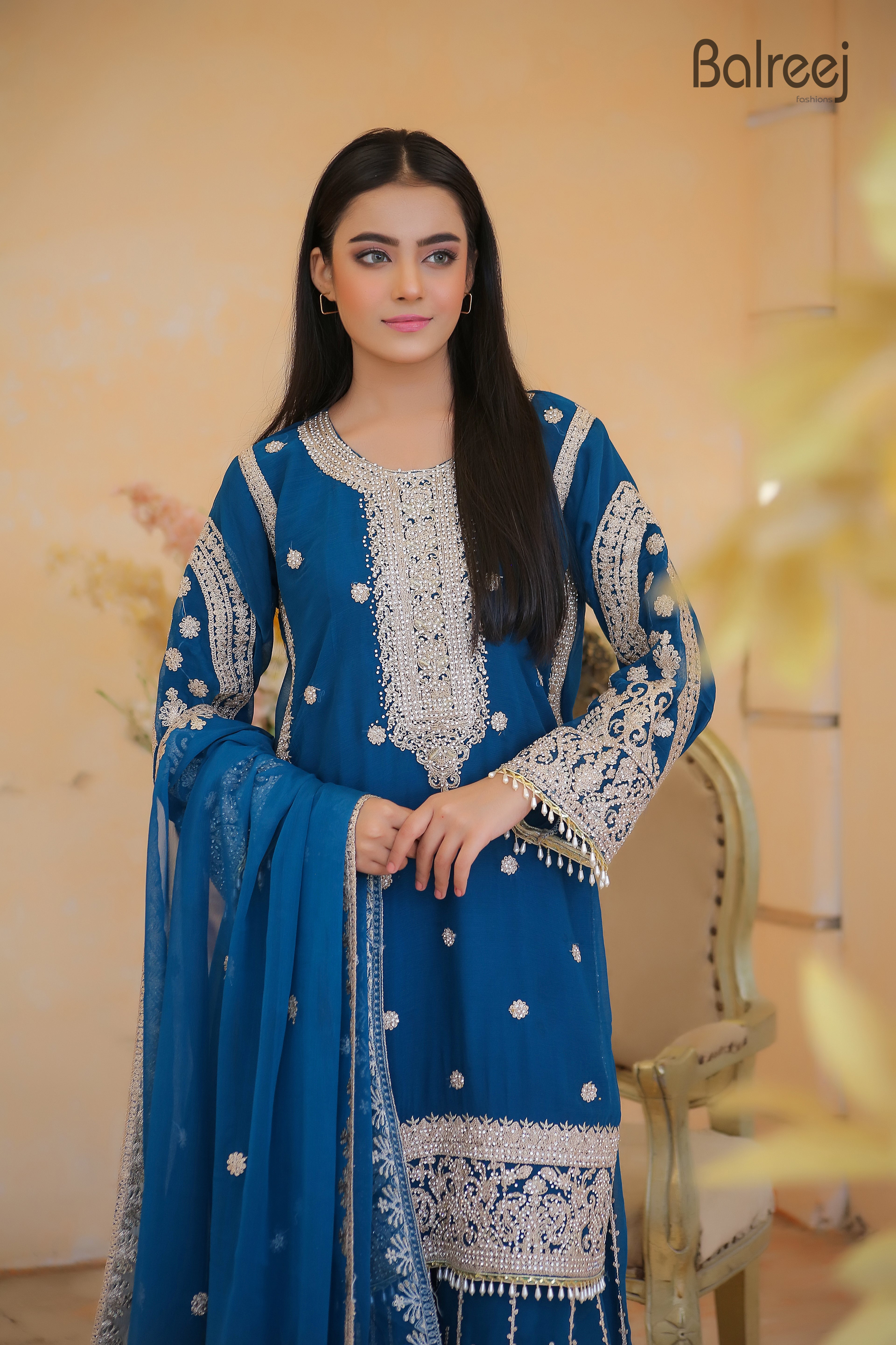 Exquisite 3-Piece Festive Ensemble – Intricate Dori Embroidery with Premium DMC Stone Accents