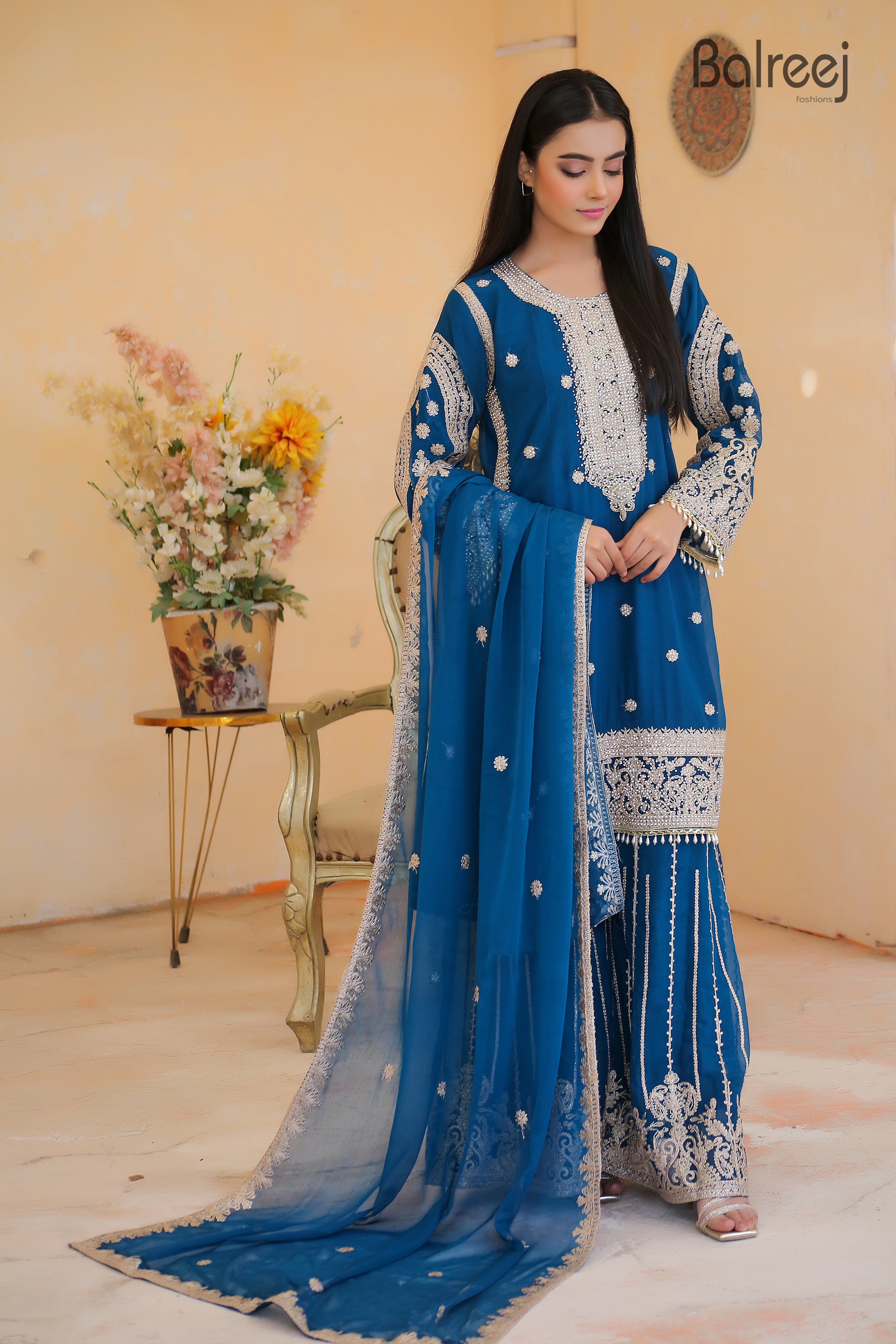 Exquisite 3-Piece Festive Ensemble – Intricate Dori Embroidery with Premium DMC Stone Accents
