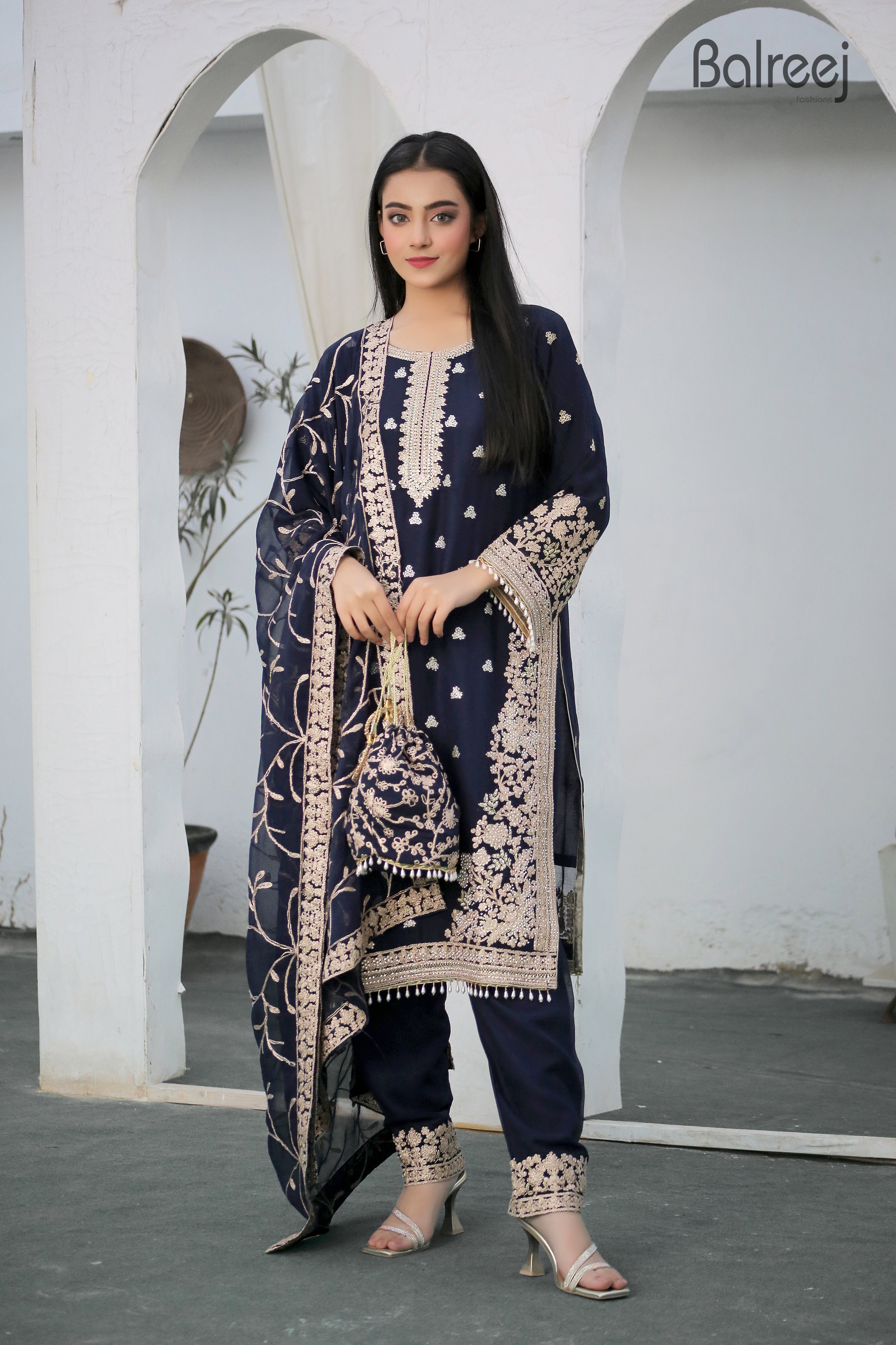 Luxury 3PC Long Shirt Suit Intricate DMC Stone Work Designer Set