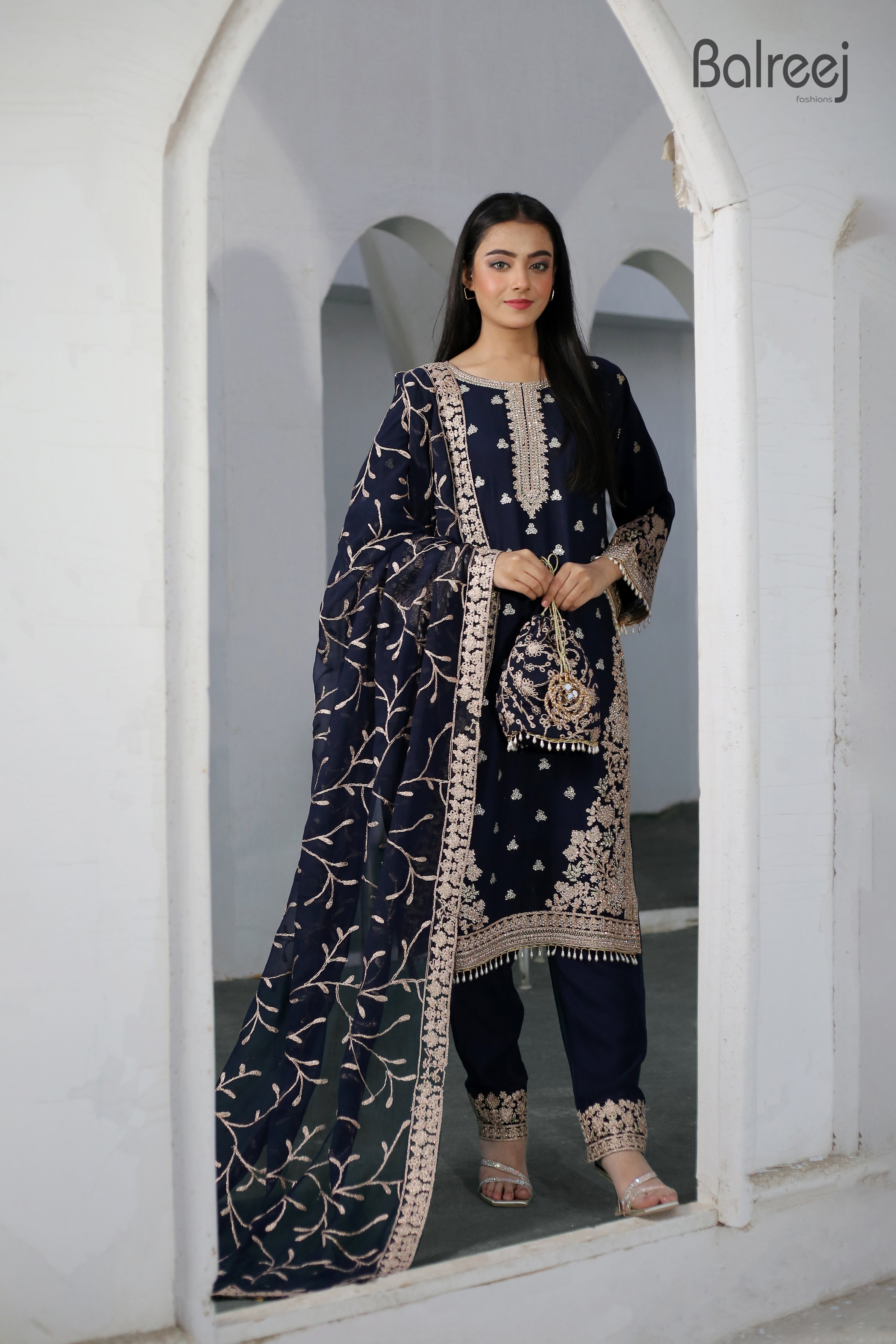 Luxury 3PC Long Shirt Suit Intricate DMC Stone Work Designer Set