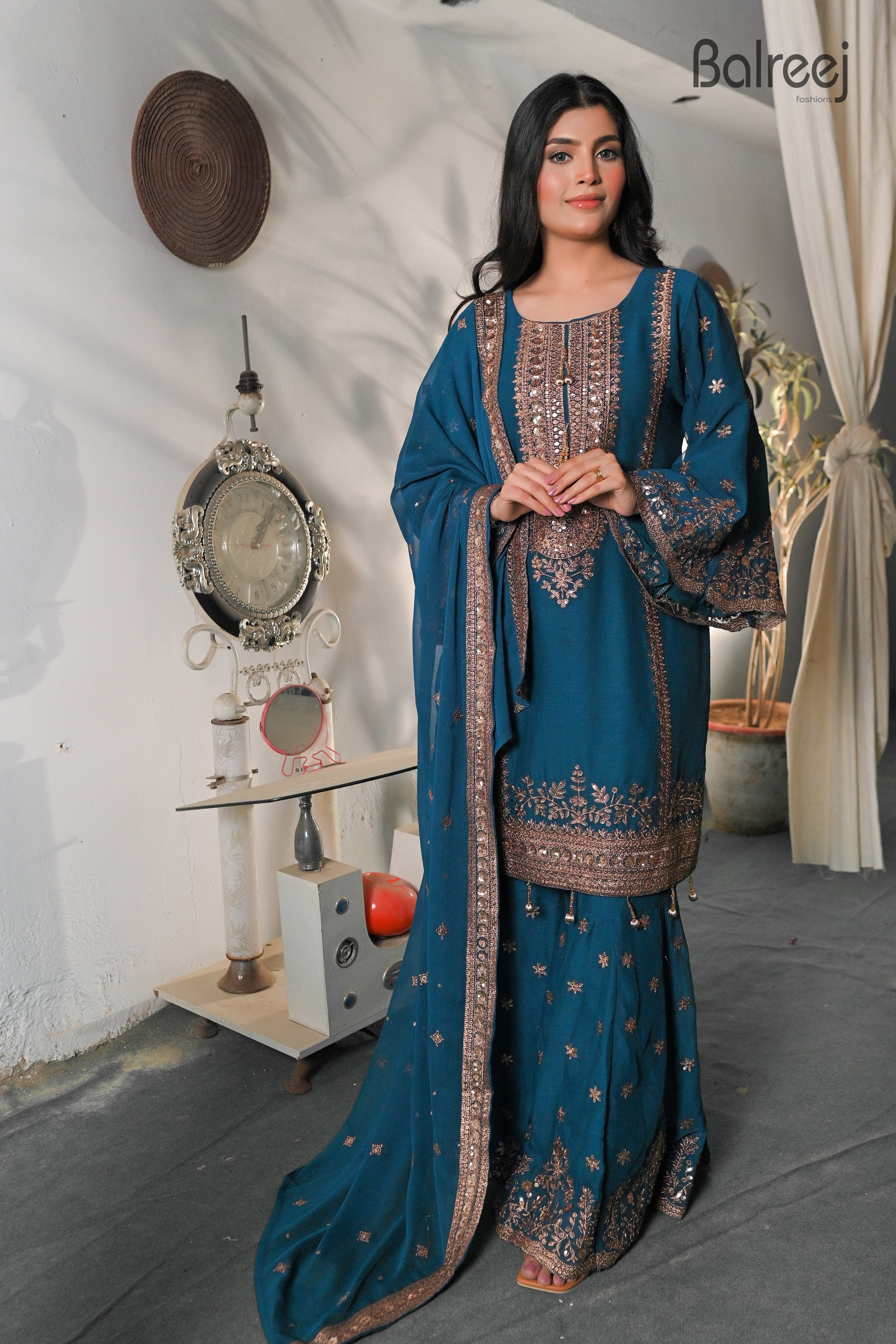 3PC Golden Zari Work Suit with Gharara | Traditional Wedding Wear