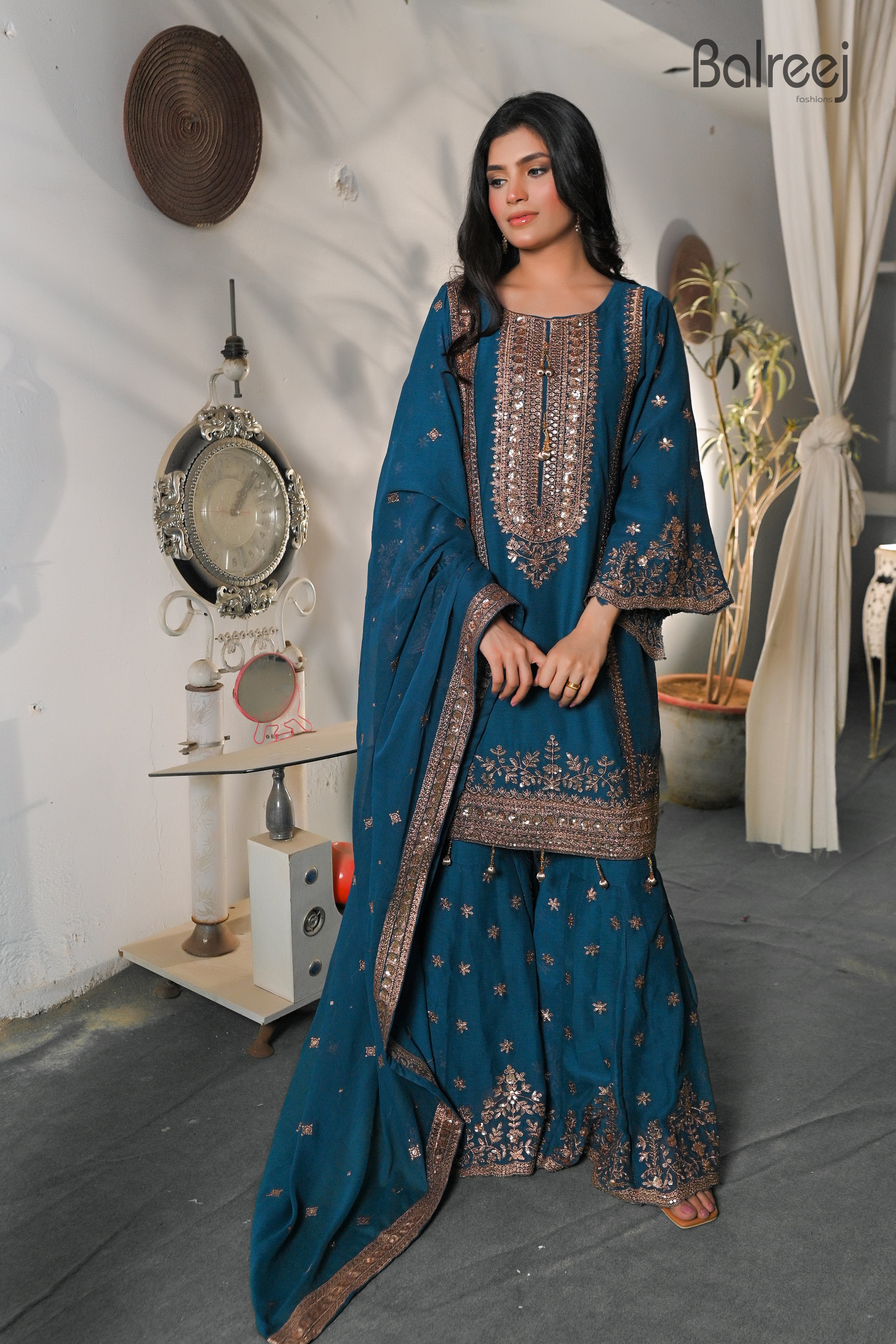 3PC Golden Zari Work Suit with Gharara | Traditional Wedding Wear