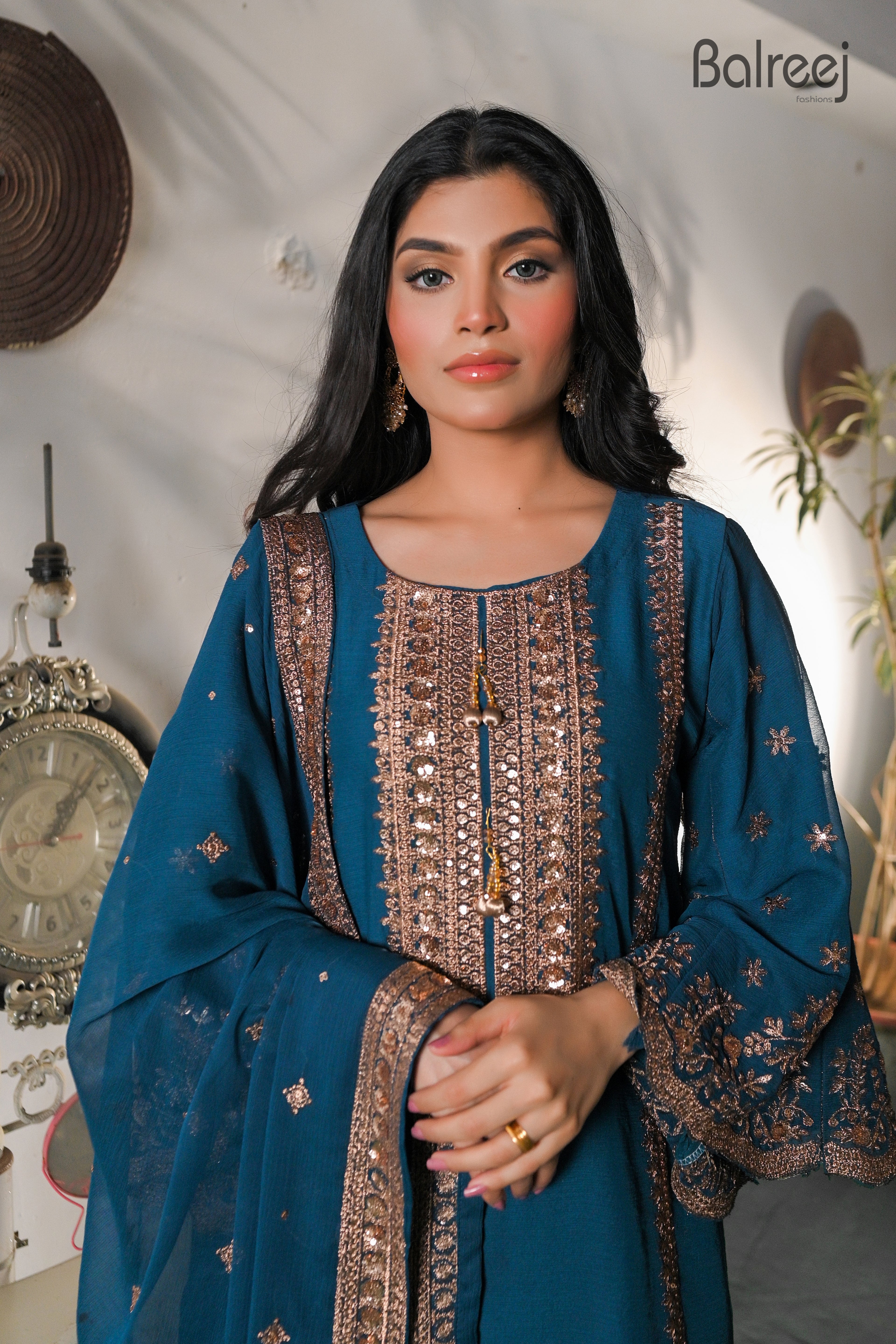 3PC Golden Zari Work Suit with Gharara | Traditional Wedding Wear