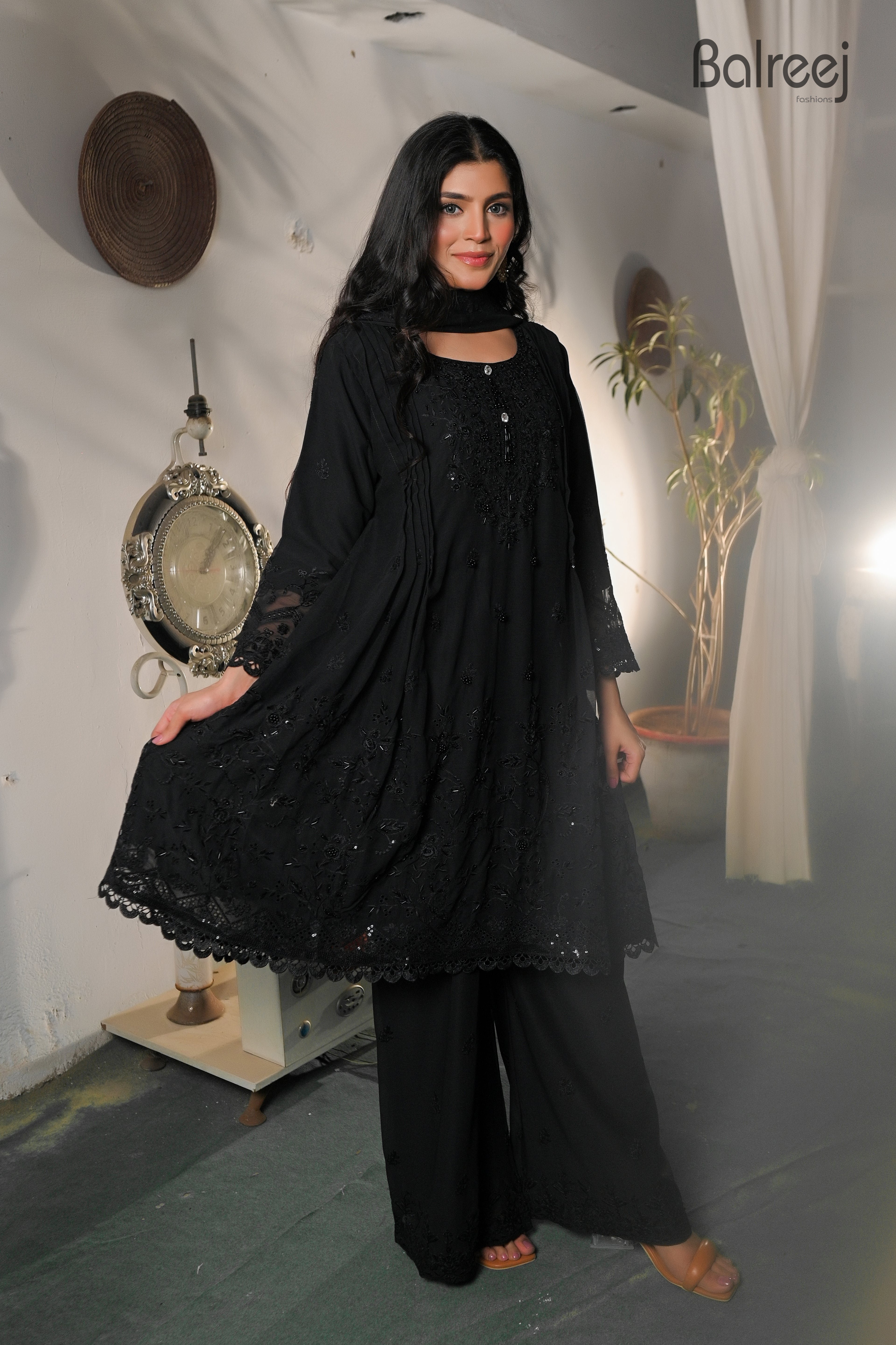 3PC 3D Embroidered Short Frock & Palazzo Set | Trendy Festive Wear