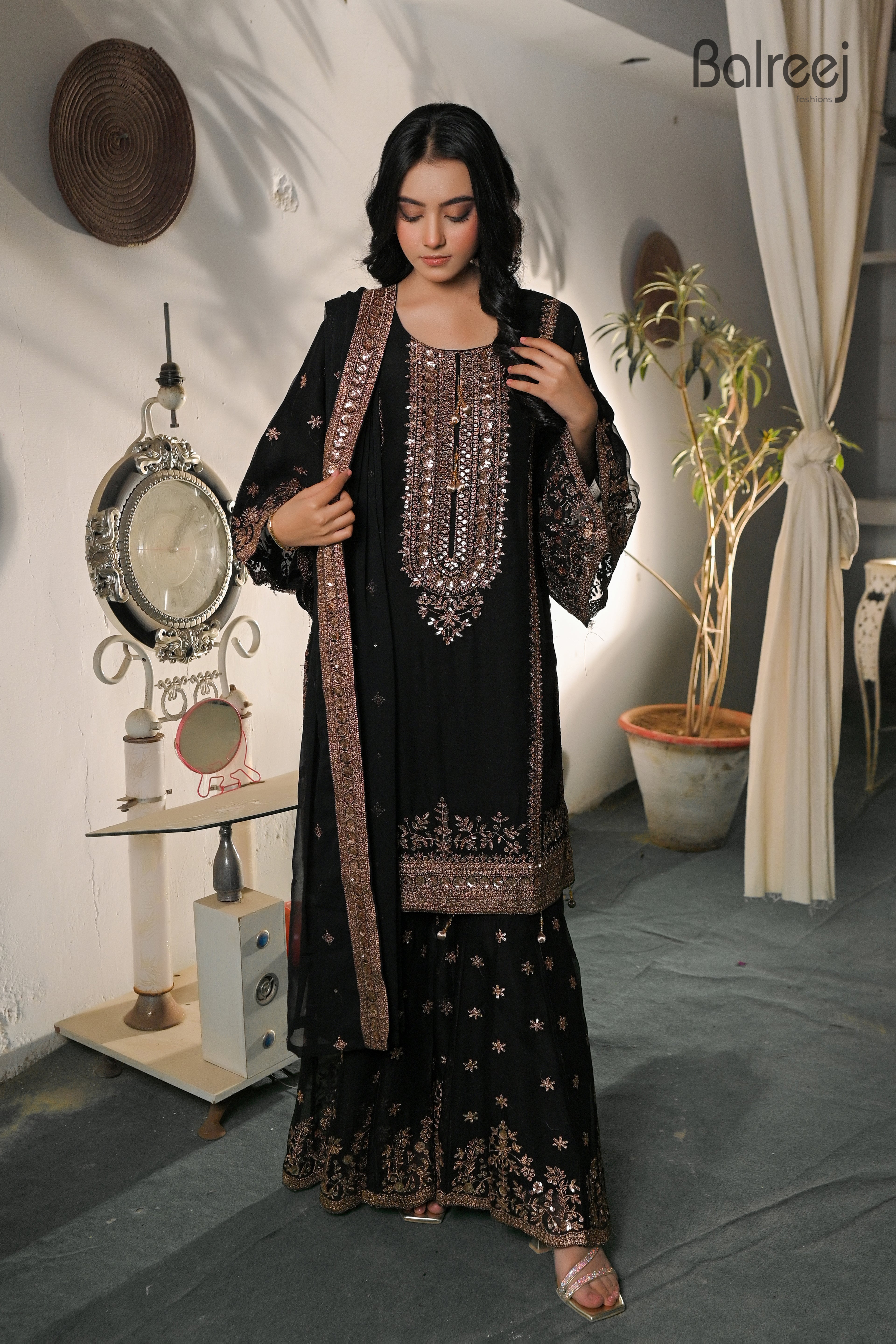 3PC Golden Zari Work Suit with Gharara | Traditional Wedding Wear