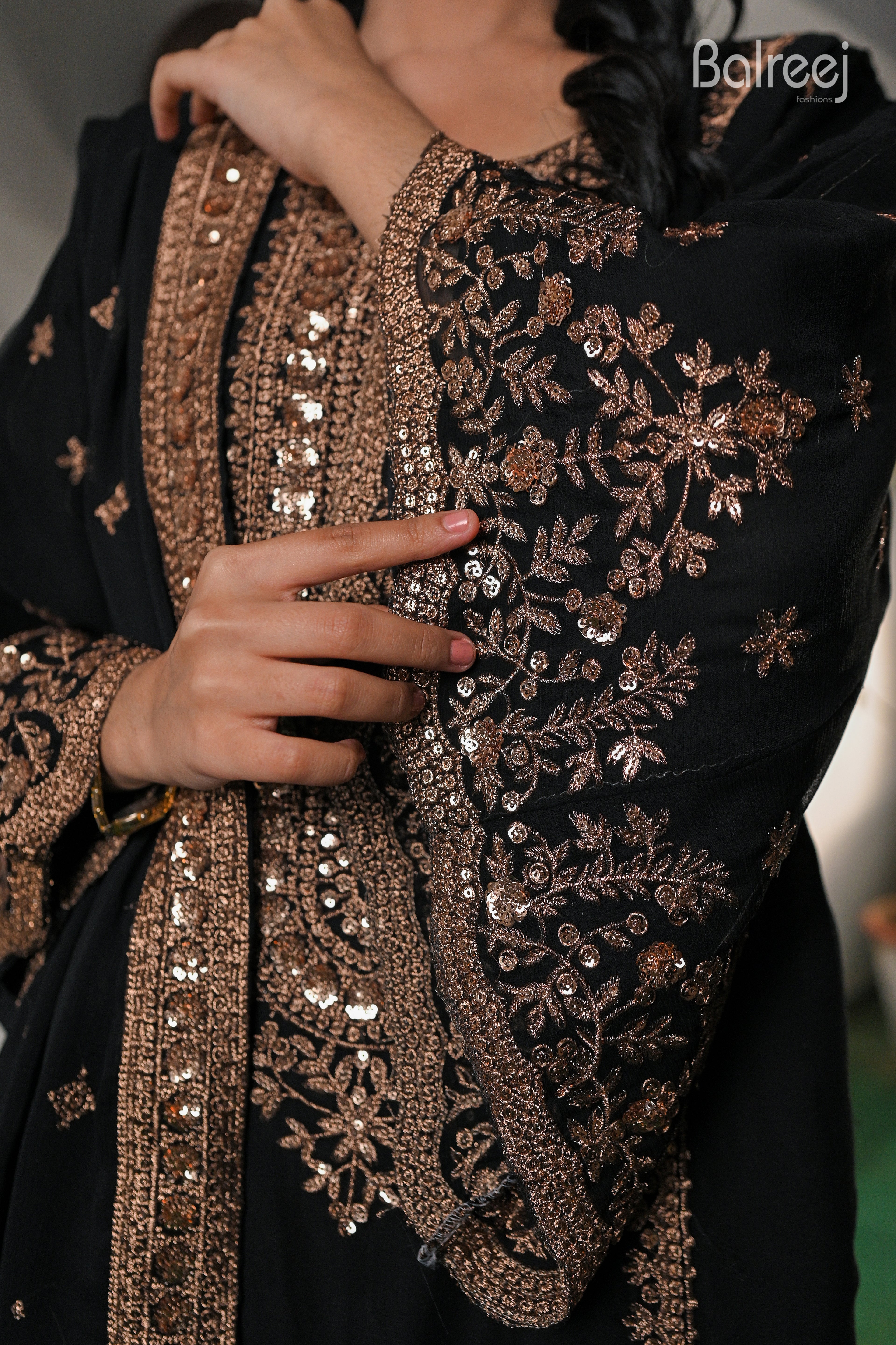 3PC Golden Zari Work Suit with Gharara | Traditional Wedding Wear