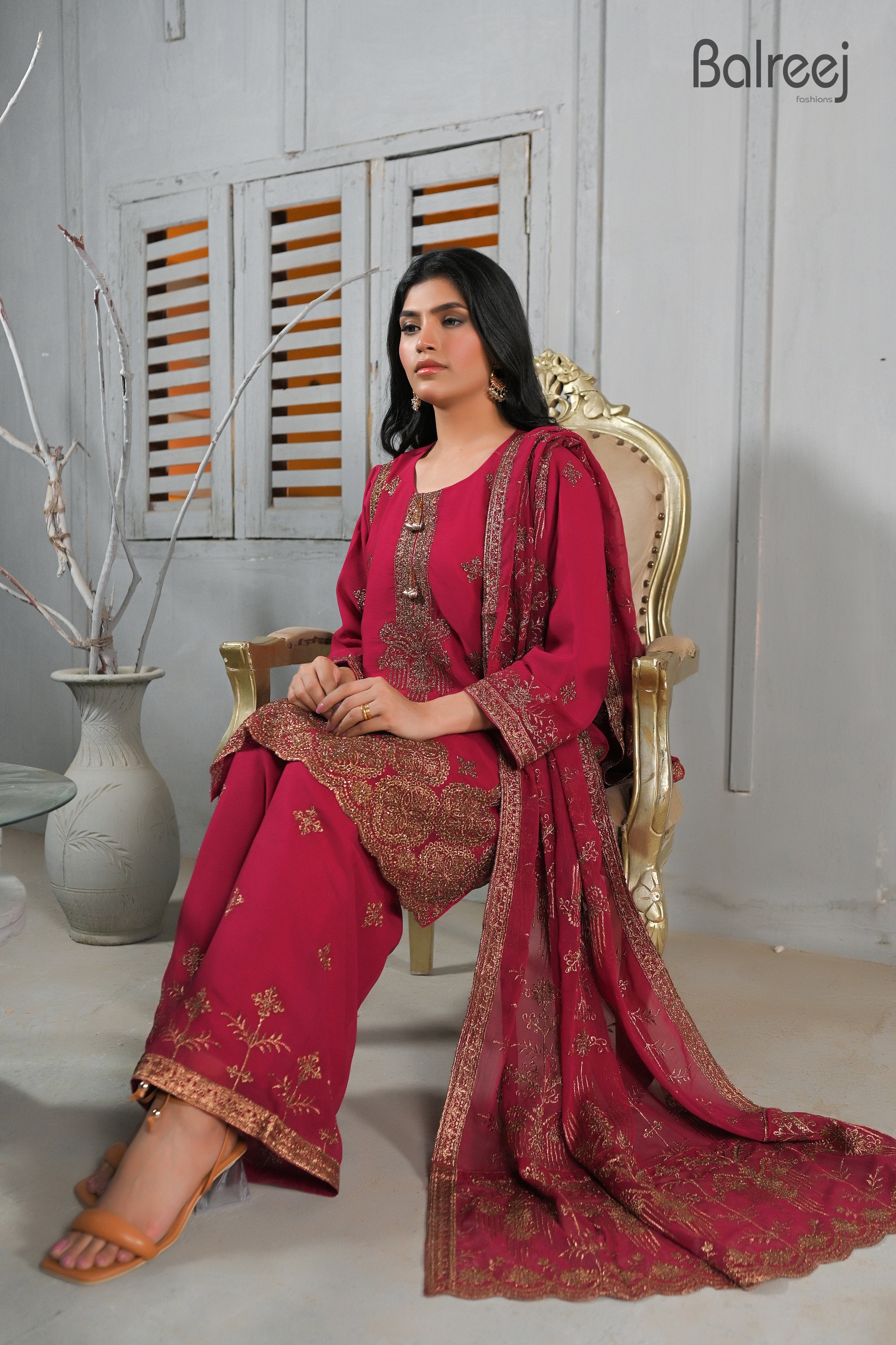 3PC Golden Zari & Stone Work Suit | Luxury Wedding Wear Ensemble