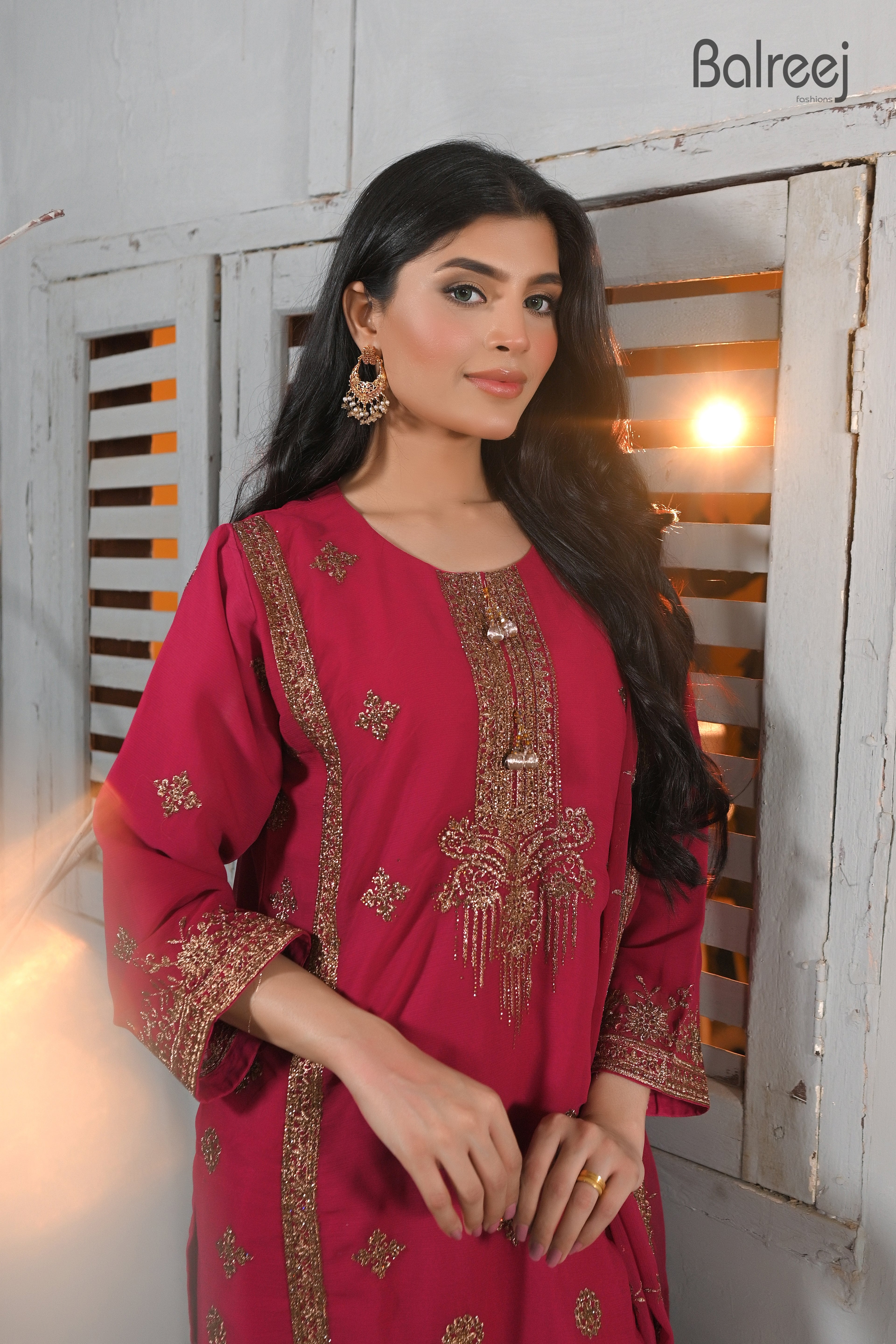 3PC Golden Zari & Stone Work Suit | Luxury Wedding Wear Ensemble