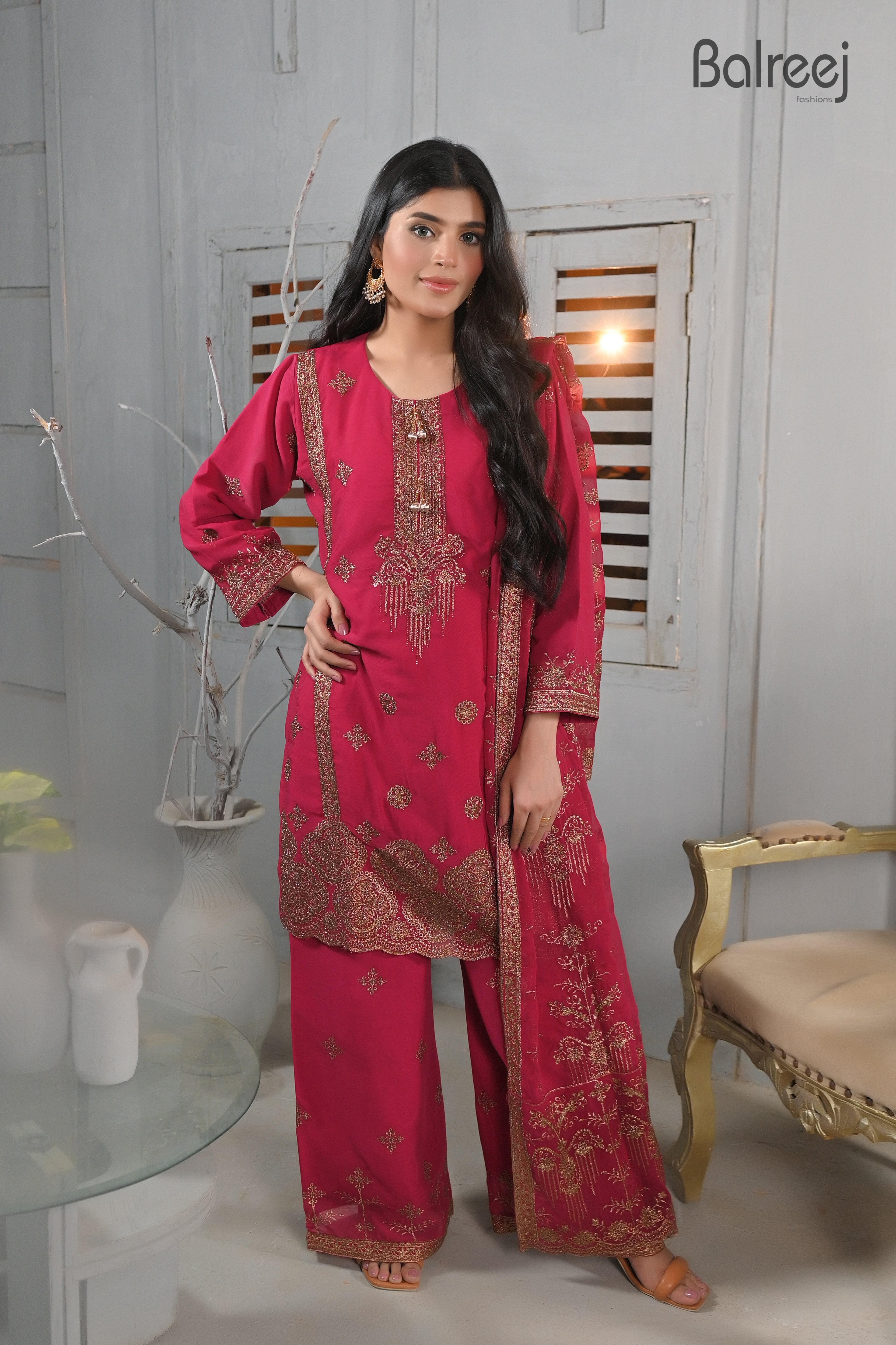 3PC Golden Zari & Stone Work Suit | Luxury Wedding Wear Ensemble