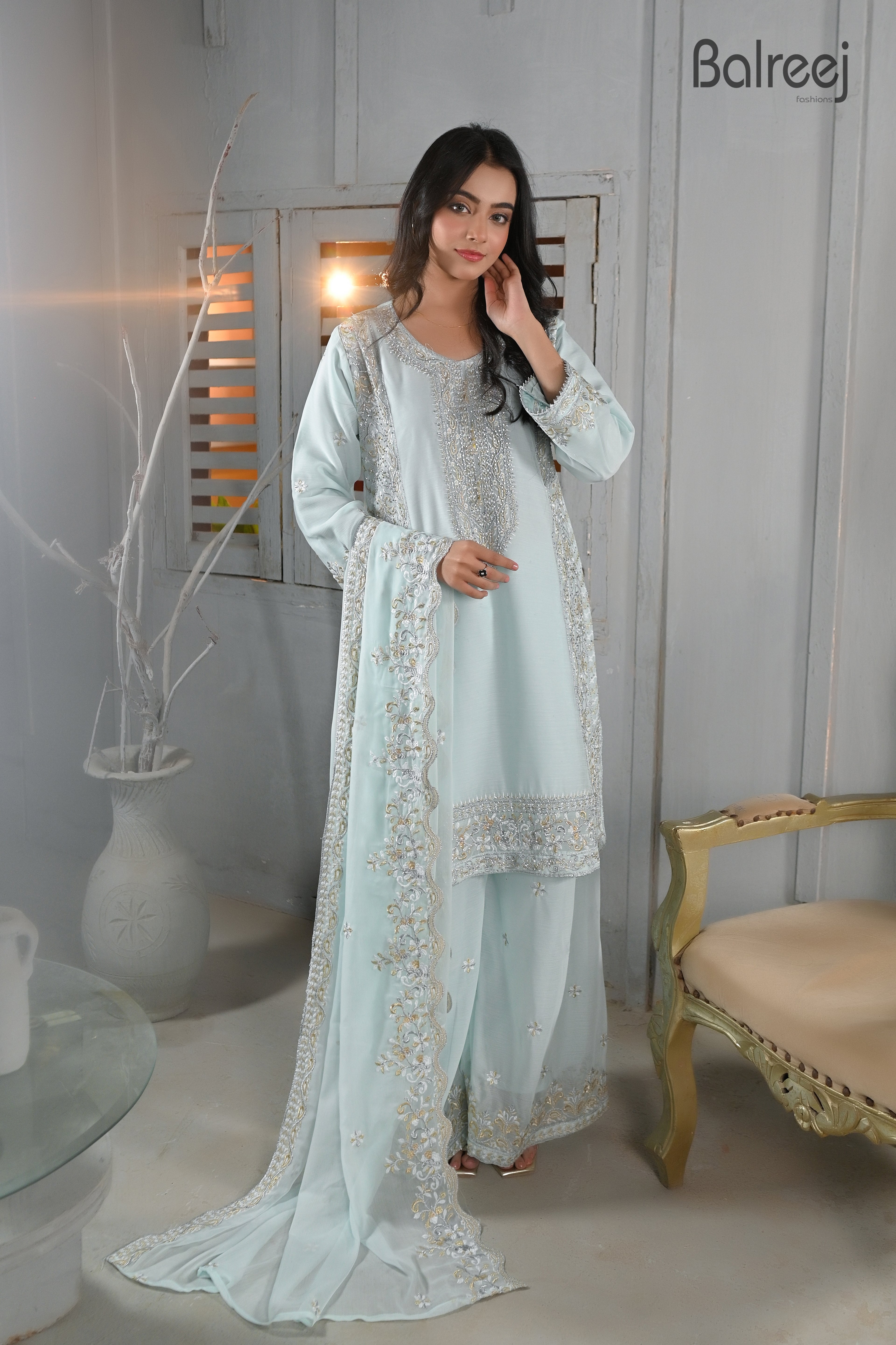 Shimmering Silver Stone Work Plazo Suit