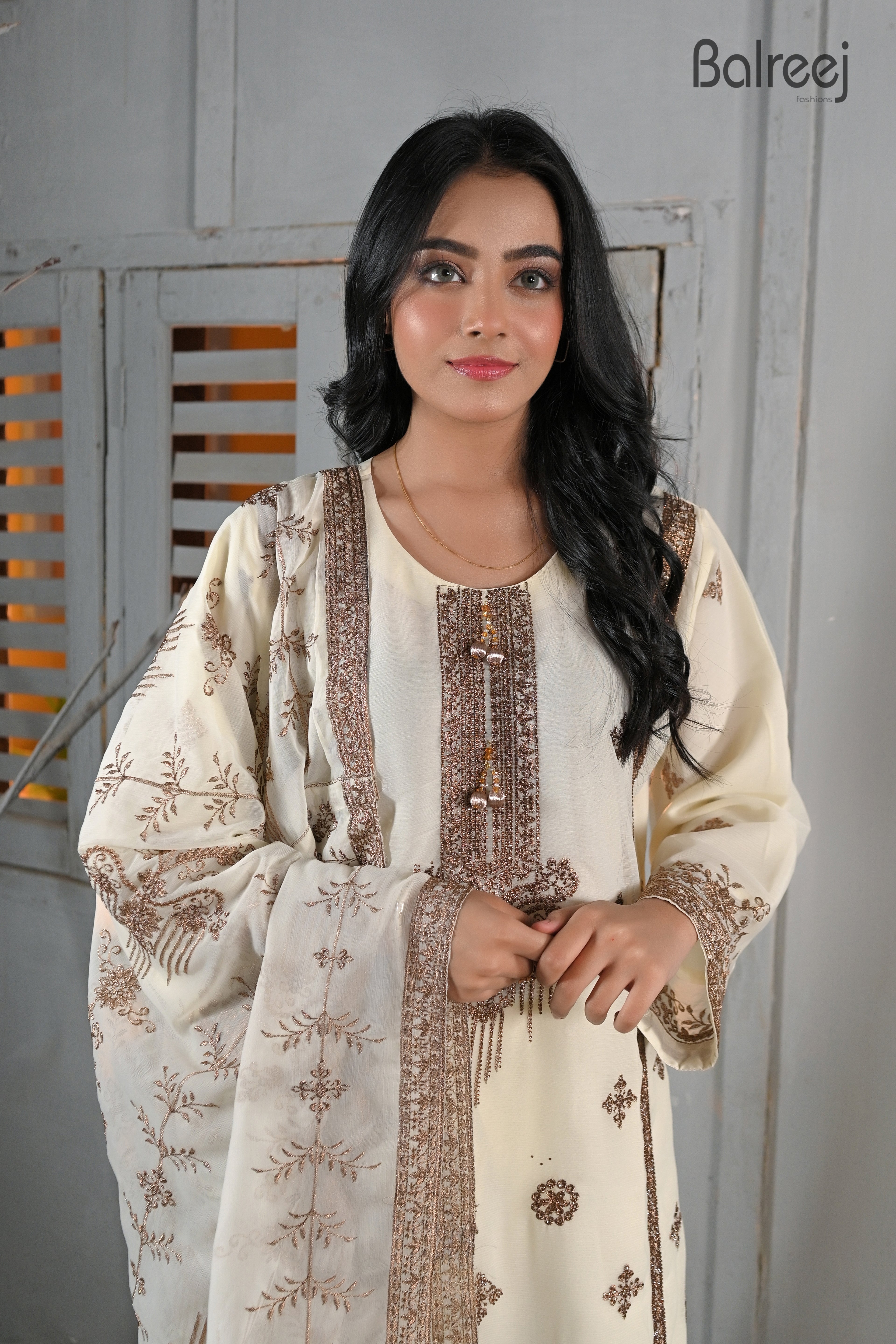 3PC Golden Zari & Stone Work Suit | Luxury Wedding Wear Ensemble