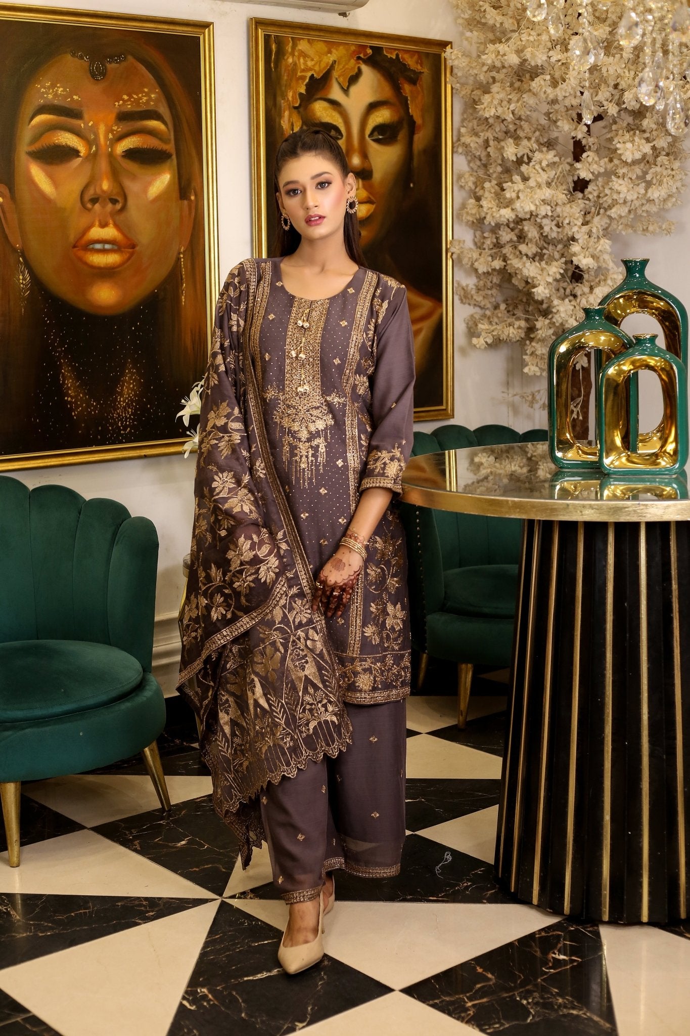 BF - 008 |Heavy Stone Work Gold Zari Plazo Dress - BalreejFashions