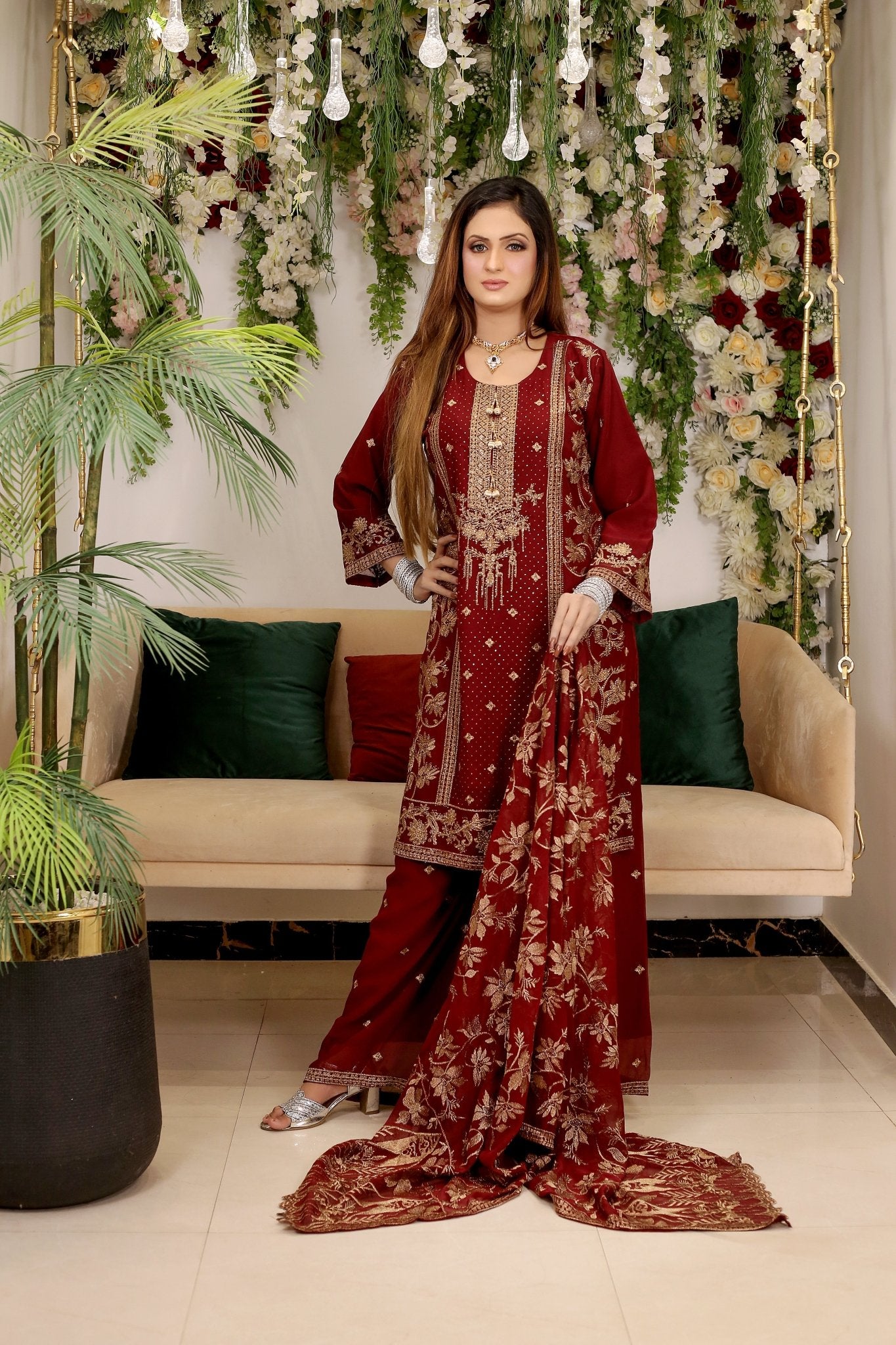 BF - 008 |Heavy Stone Work Gold Zari Plazo Dress - BalreejFashions