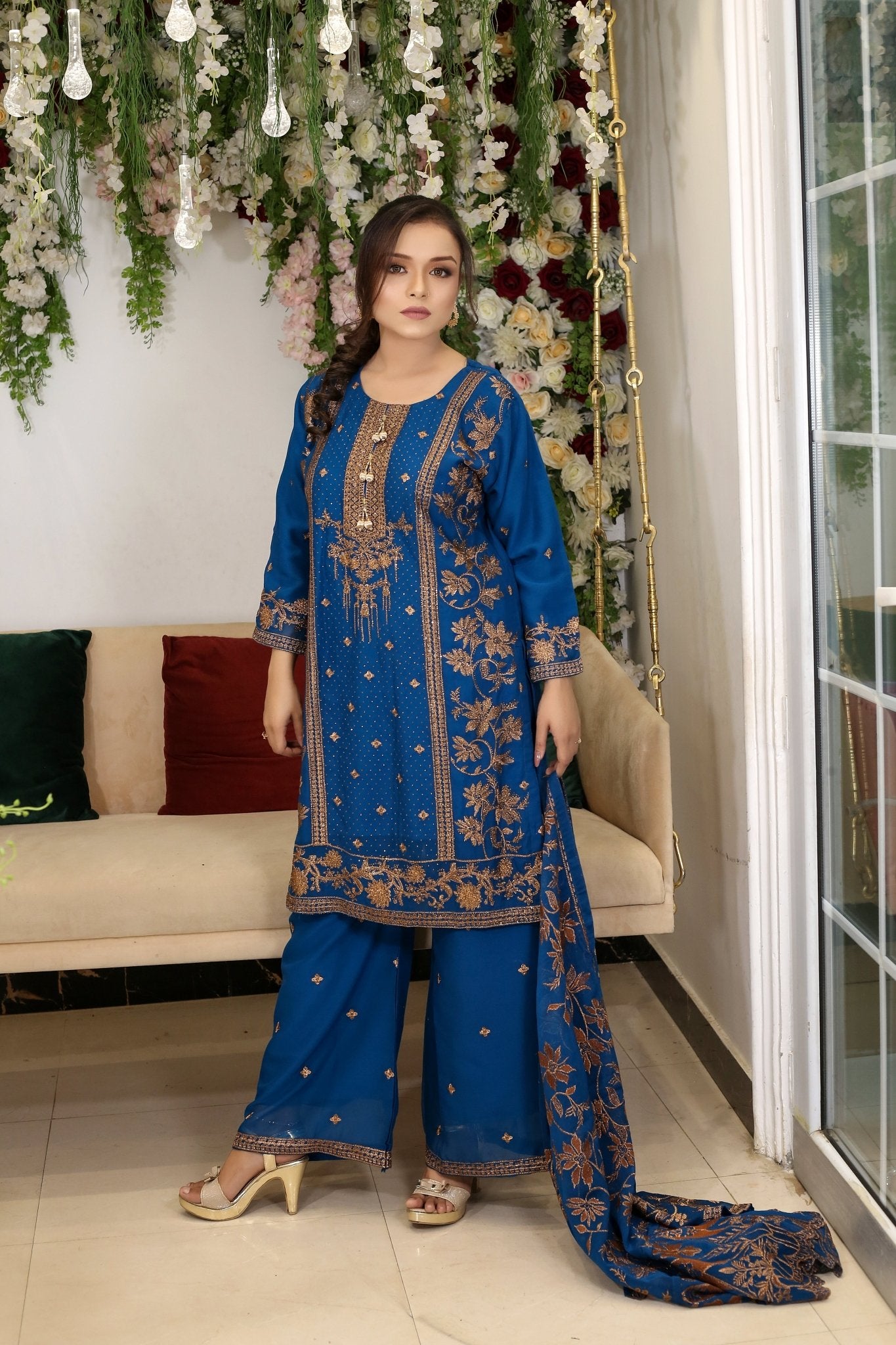 BF - 008 |Heavy Stone Work Gold Zari Plazo Dress - BalreejFashions