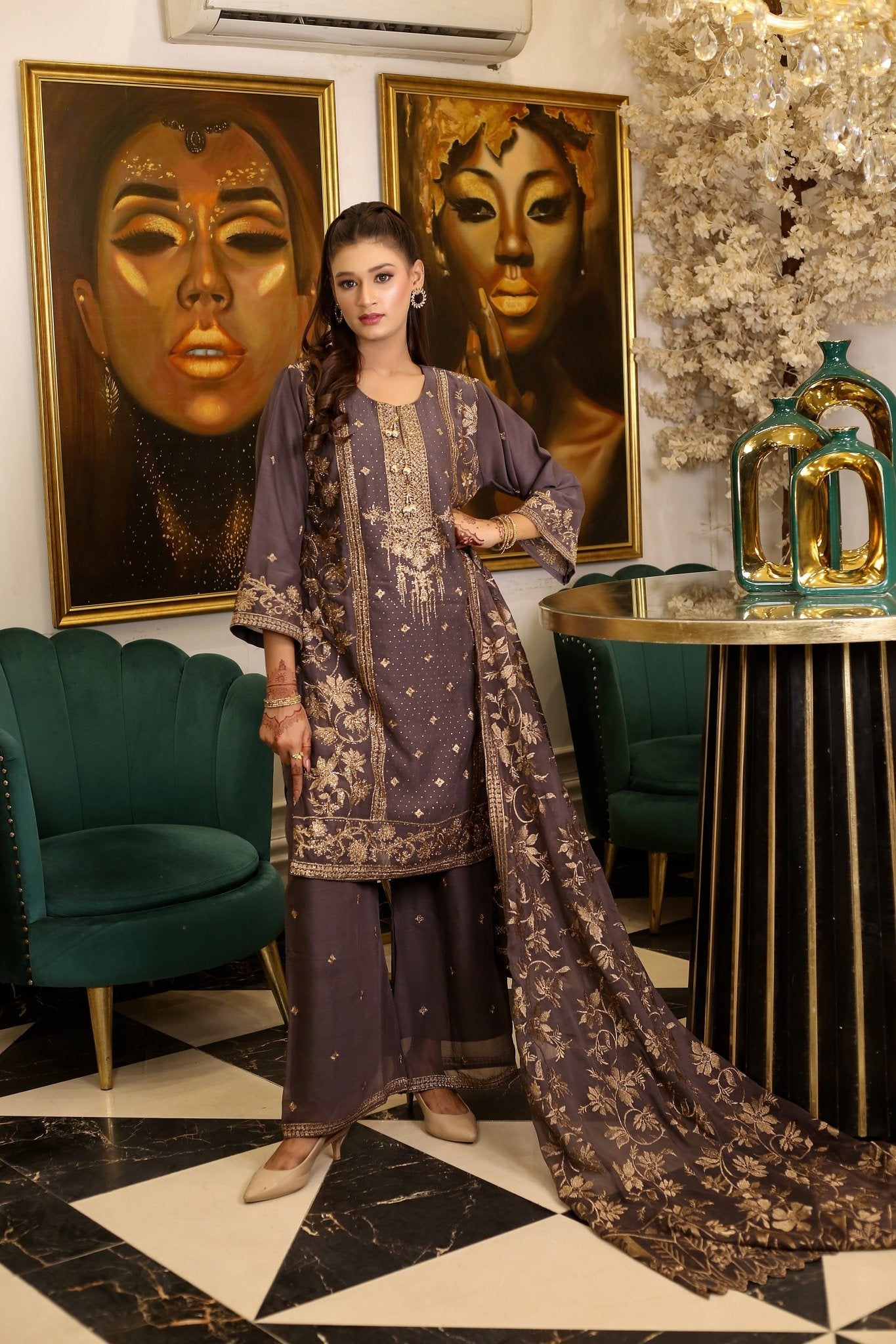 BF - 008 |Heavy Stone Work Gold Zari Plazo Dress - BalreejFashions