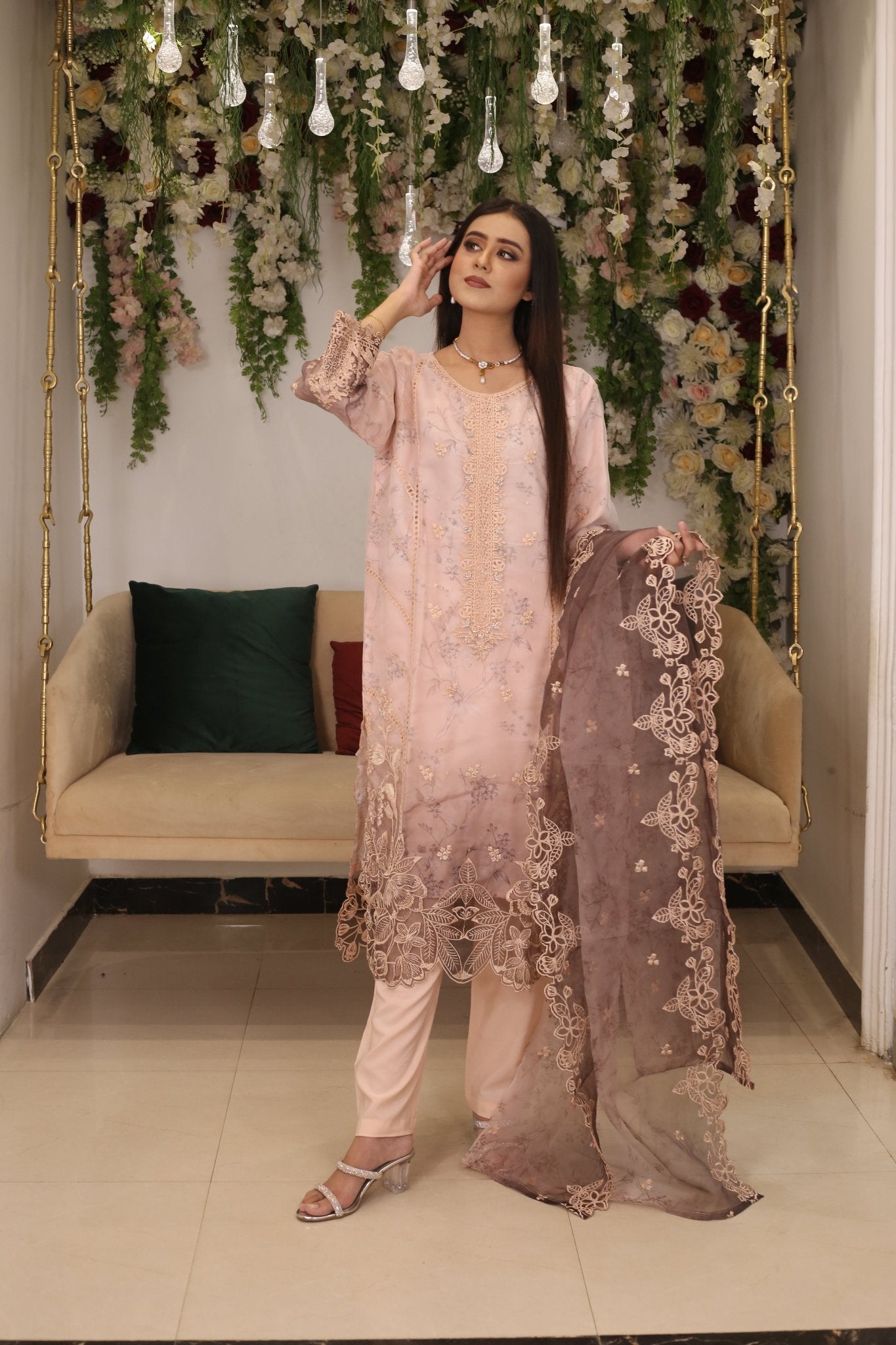 BF - 016 | Long Cutwork Border Shirt – Luxury Formal Wear - BalreejFashions