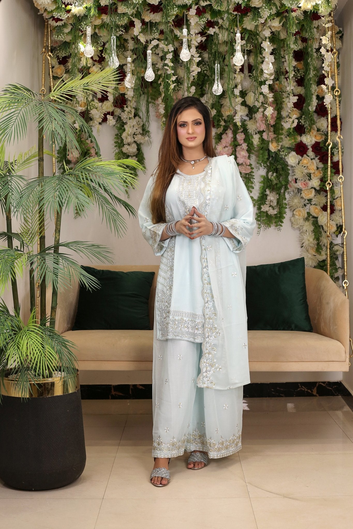 BF - 018 | Shimmering Silver Stone Work Plazo Suit - BalreejFashions