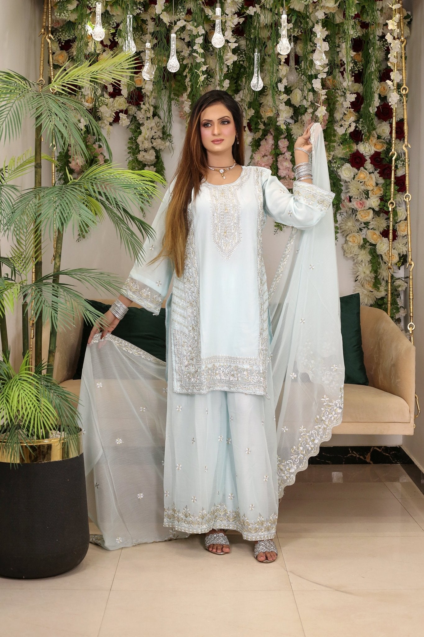 BF - 018 | Shimmering Silver Stone Work Plazo Suit - BalreejFashions