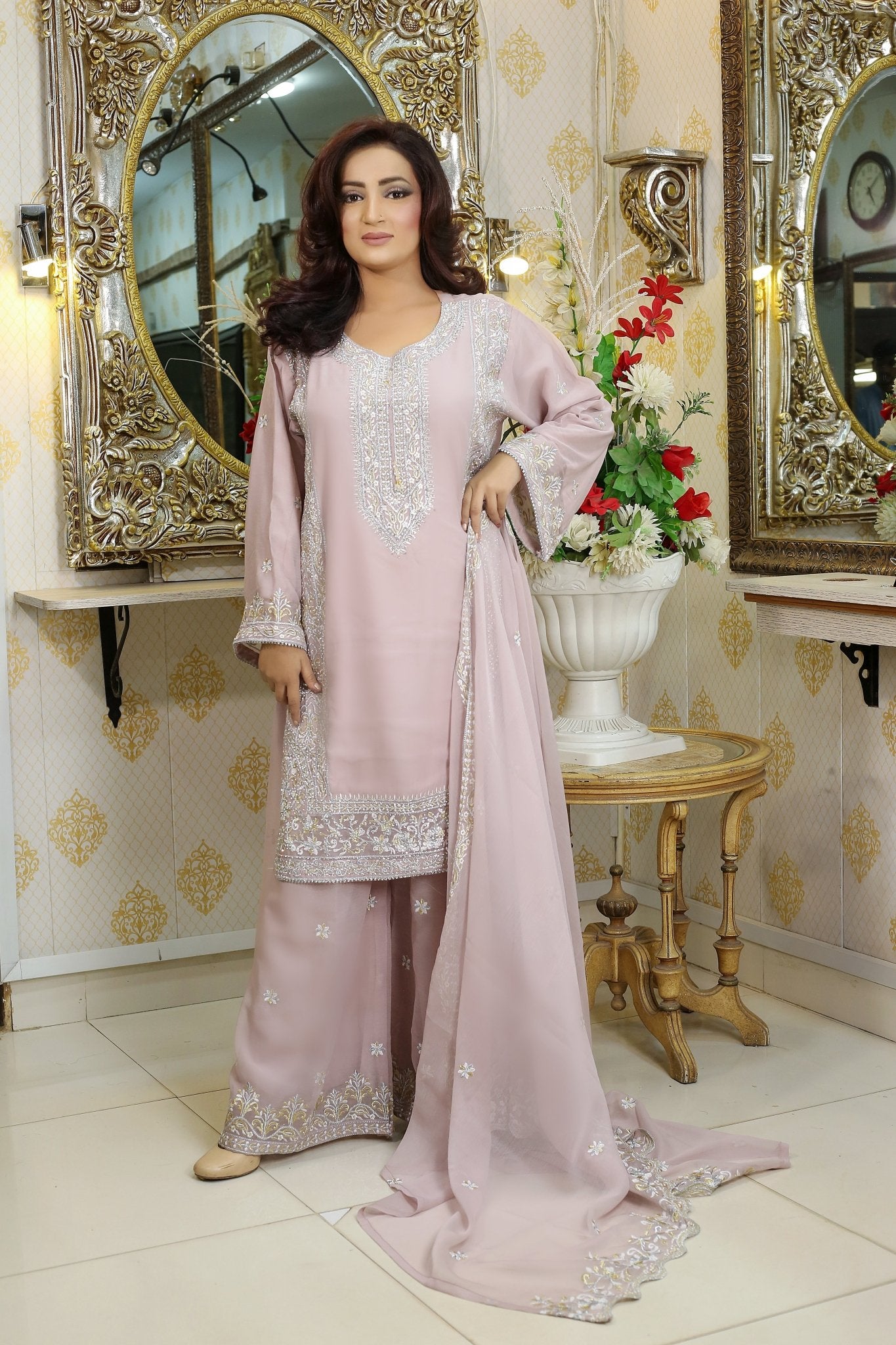 BF - 018 | Shimmering Silver Stone Work Plazo Suit - BalreejFashions