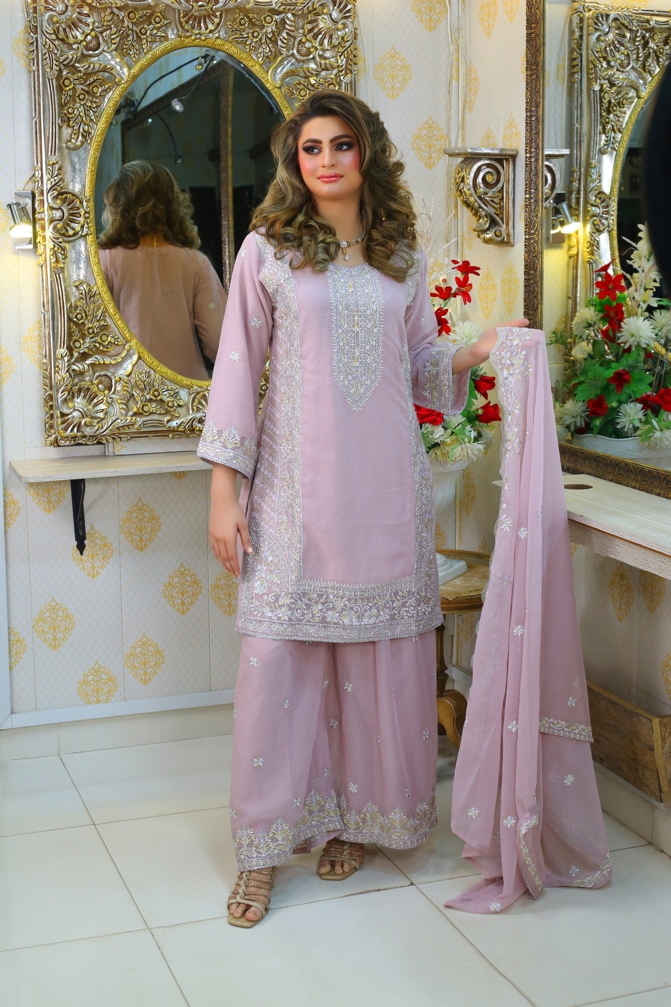 BF - 018 | Shimmering Silver Stone Work Plazo Suit - BalreejFashions