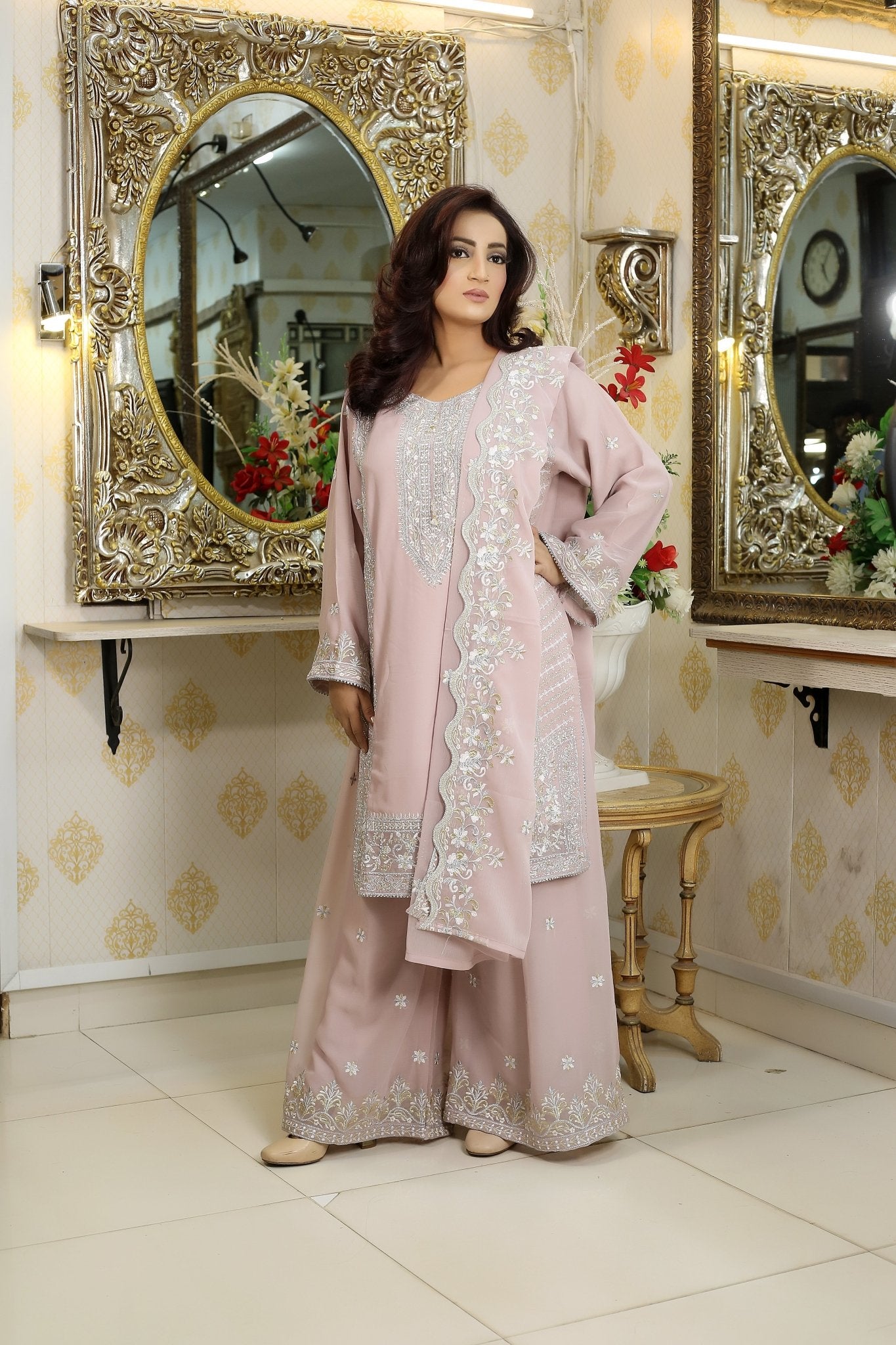 BF - 018 | Shimmering Silver Stone Work Plazo Suit - BalreejFashions