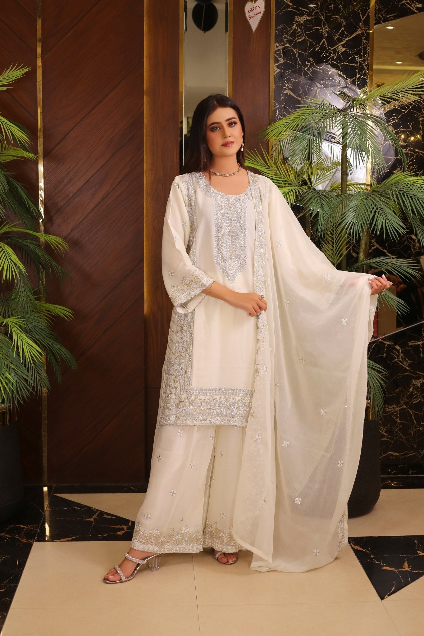 BF - 018 | Shimmering Silver Stone Work Plazo Suit - BalreejFashions