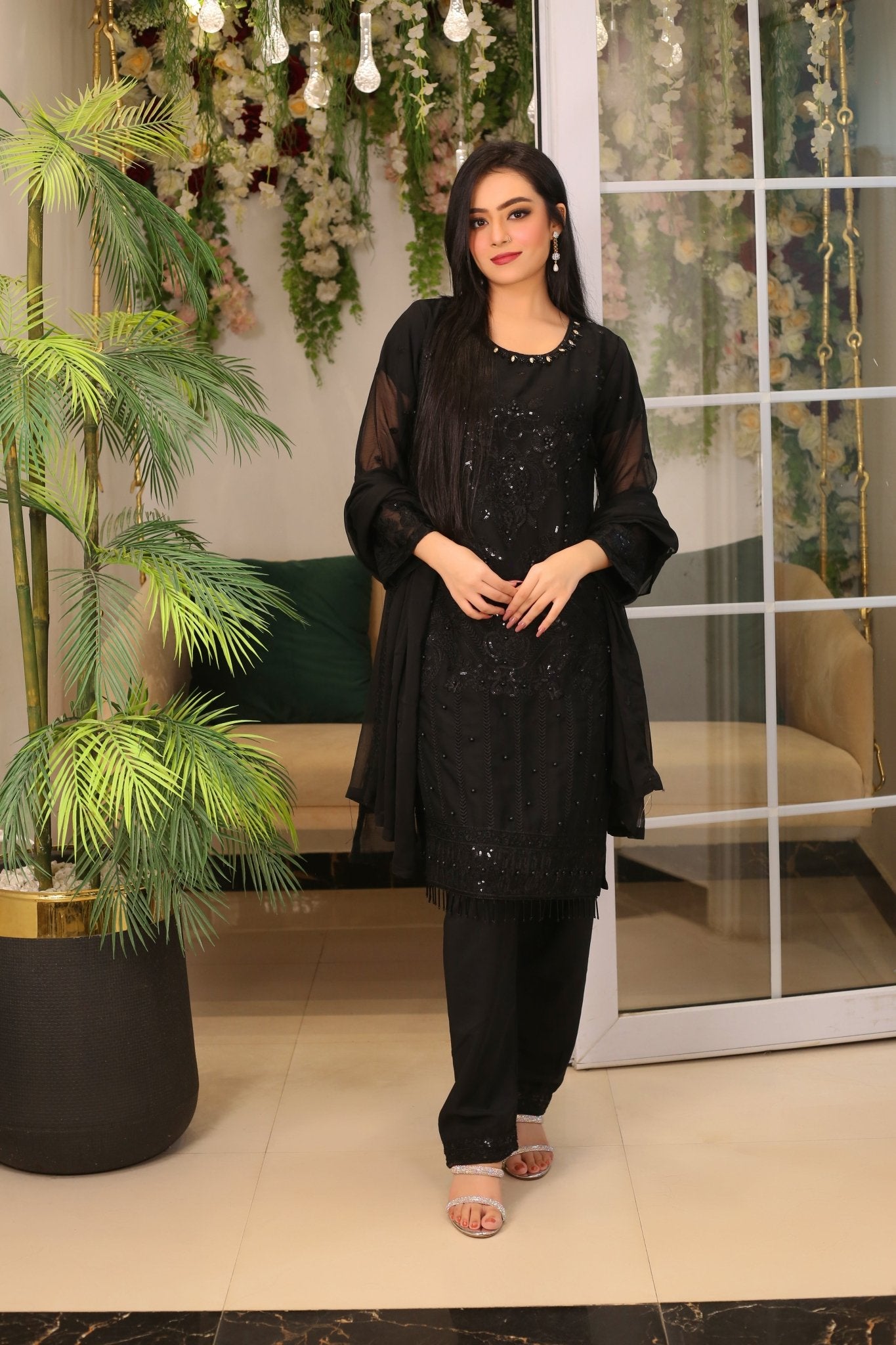 Embroidered Sequin Chiffon Suit – Black Neckline Work - BalreejFashions