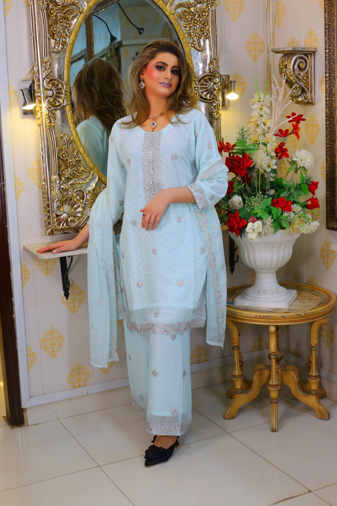 Luxury Embroidered Shirt with Stone Press - BalreejFashions