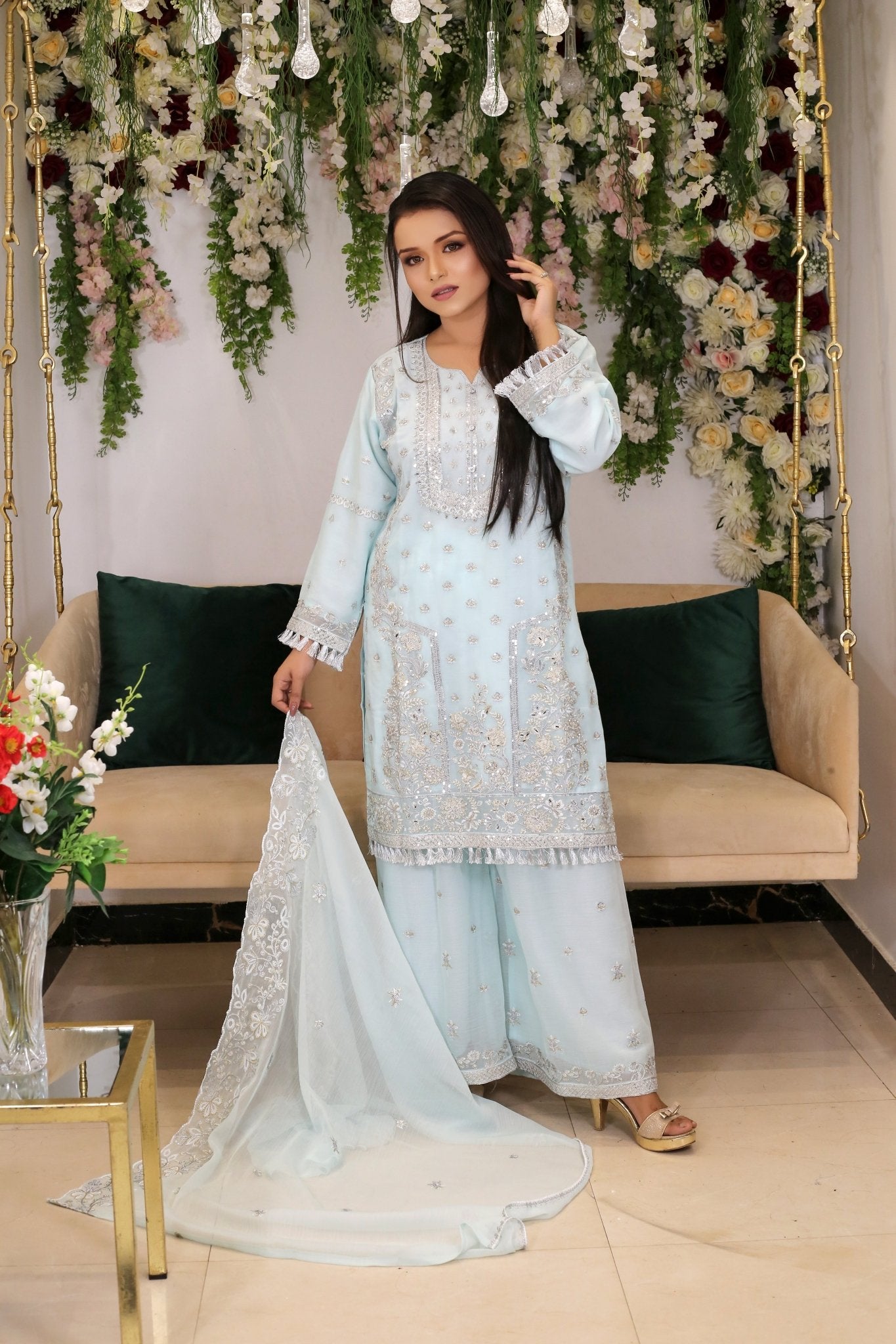 Silver Zari Embroidered Shirt & Plazo – Formal Wear - BalreejFashions