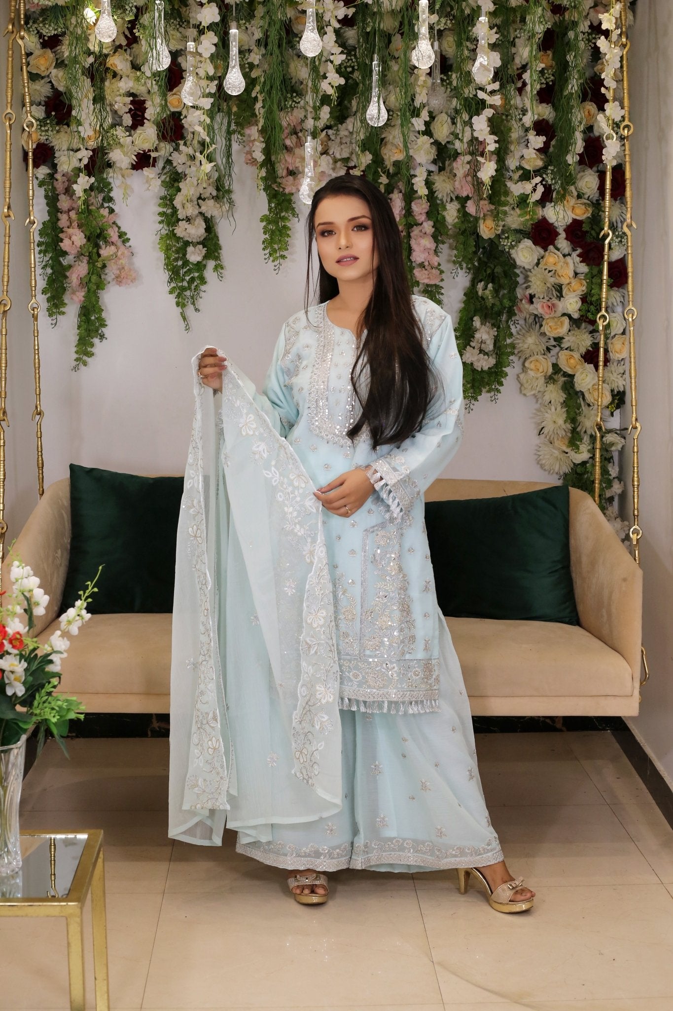 Silver Zari Embroidered Shirt & Plazo – Formal Wear - BalreejFashions